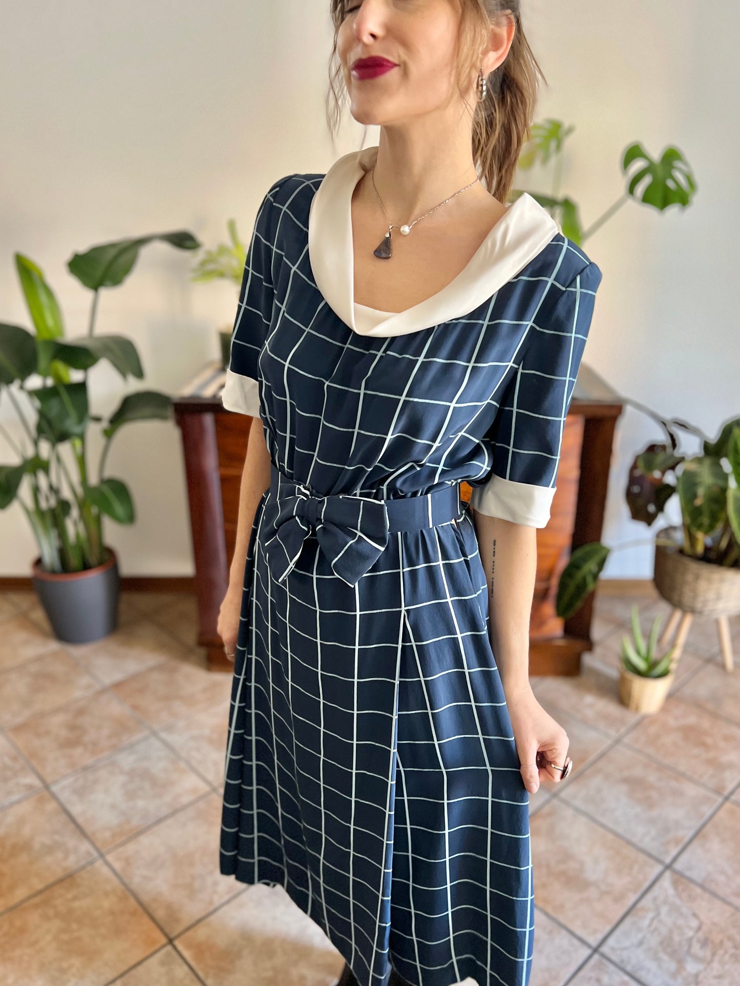 1950's vintage blue plaid hand tailored silk pleated midi dress with matching bow belt
