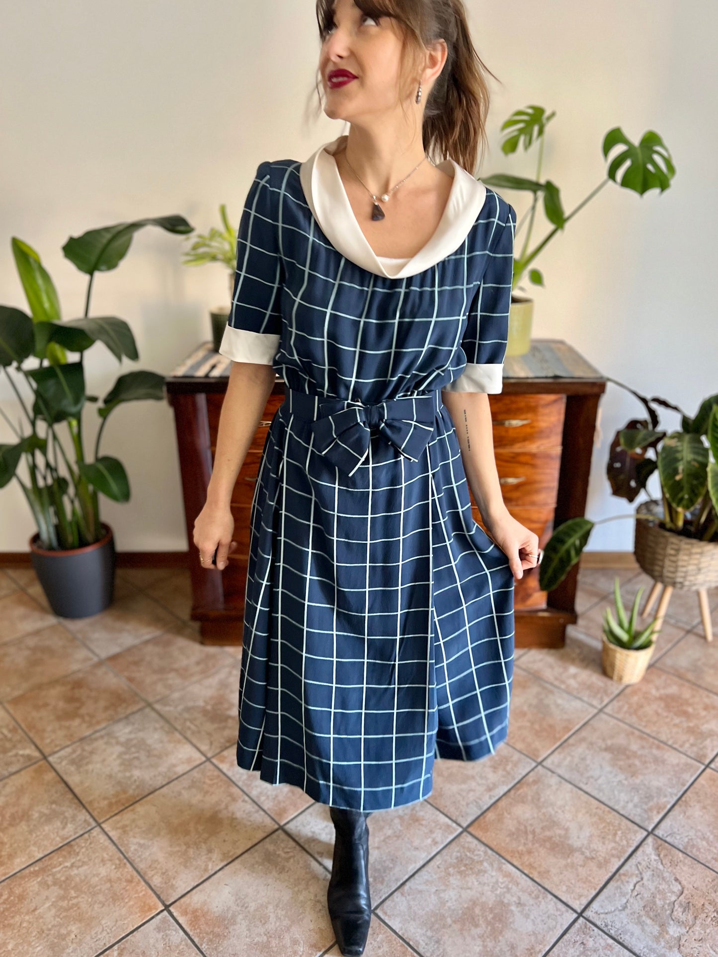 1950's vintage blue plaid hand tailored silk pleated midi dress with matching bow belt