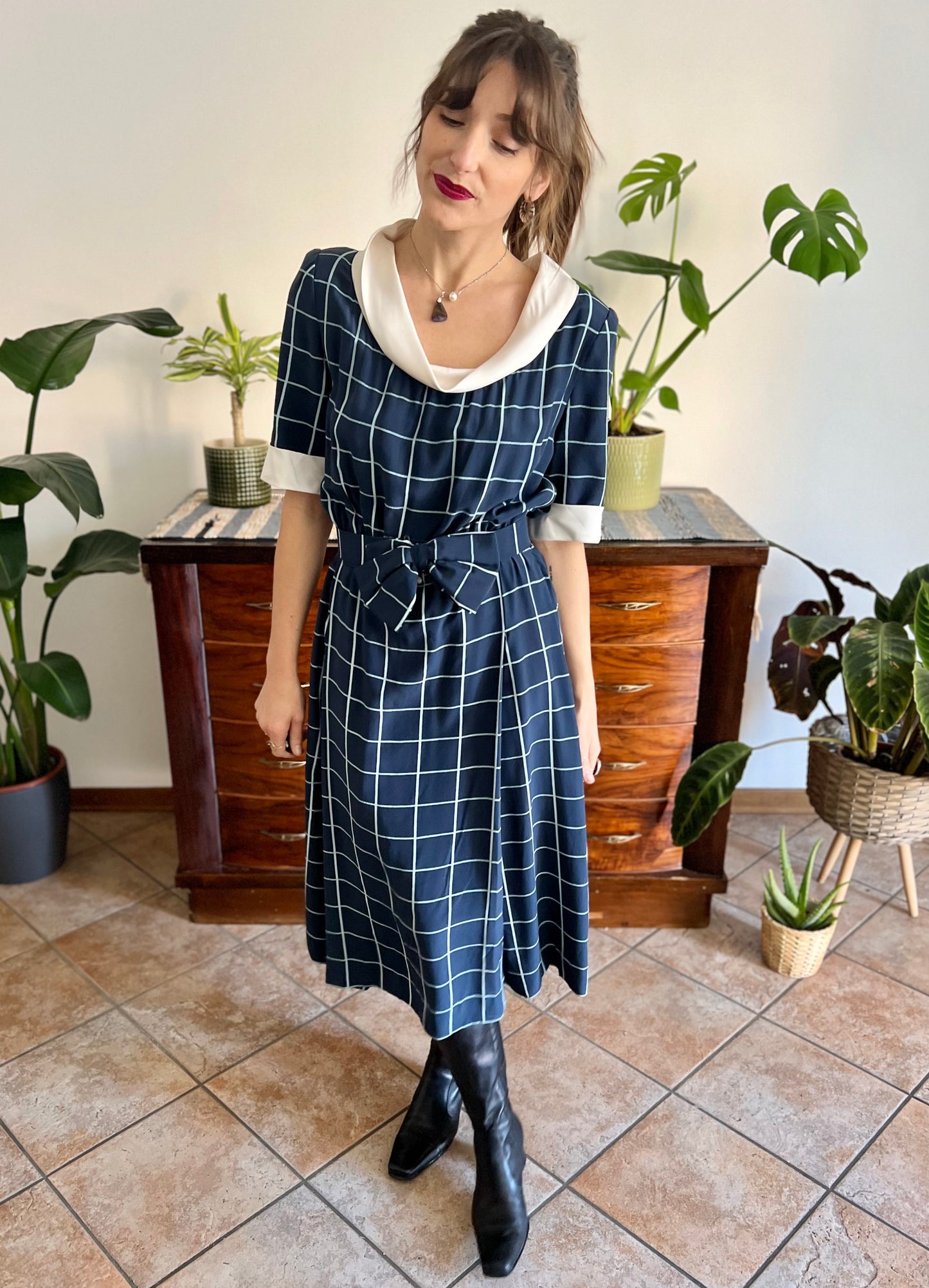 1950's vintage blue plaid hand tailored silk pleated midi dress with matching bow belt
