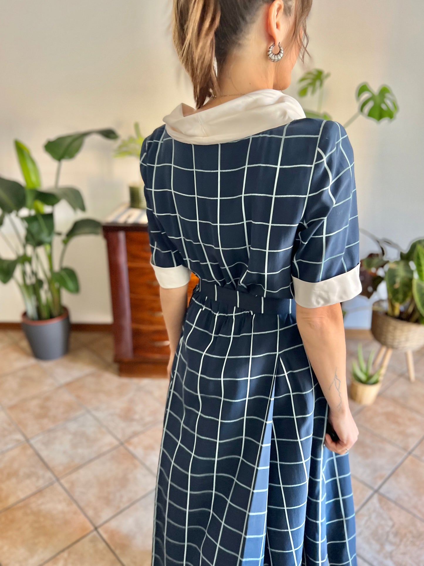 1950's vintage blue plaid hand tailored silk pleated midi dress with matching bow belt