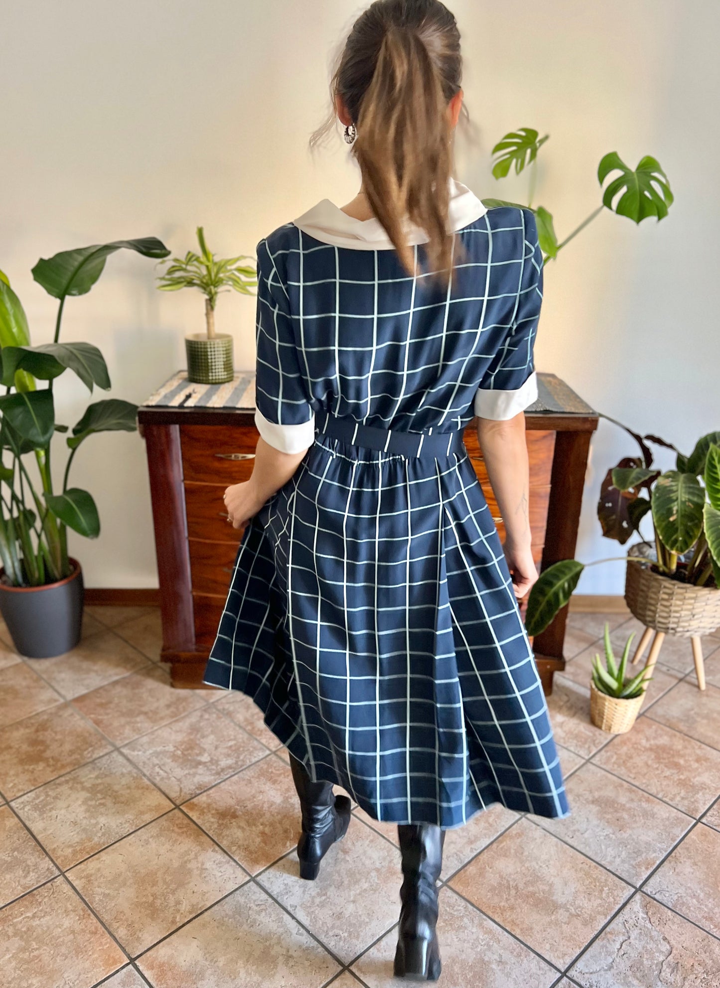 1950's vintage blue plaid hand tailored silk pleated midi dress with matching bow belt