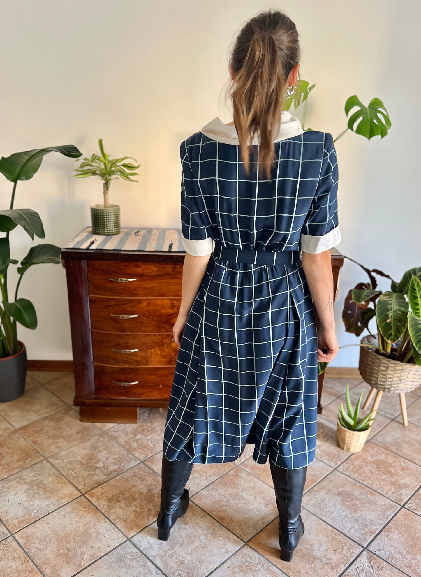 1950's vintage blue plaid hand tailored silk pleated midi dress with matching bow belt