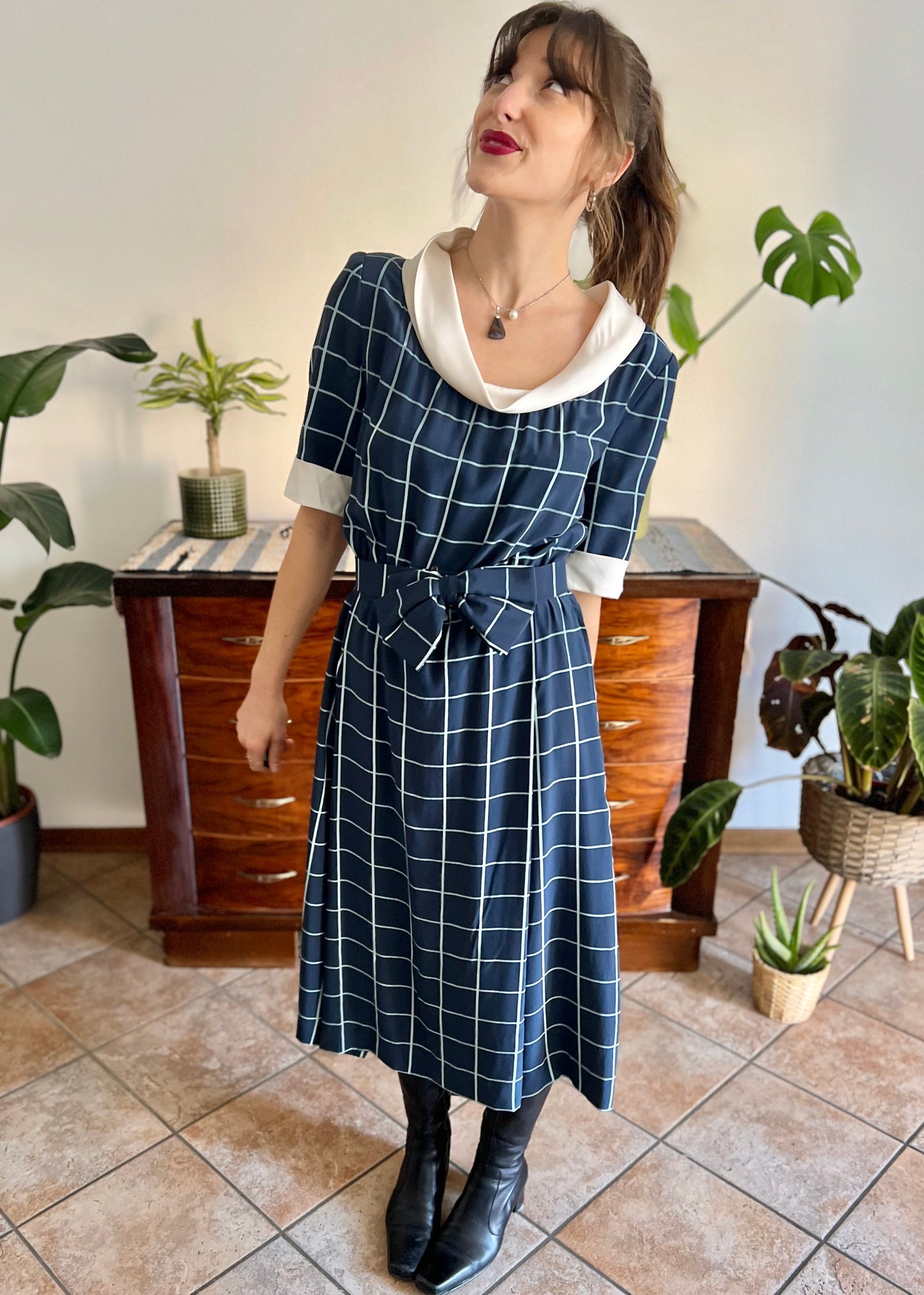 1950's vintage blue plaid hand tailored silk pleated midi dress with matching bow belt