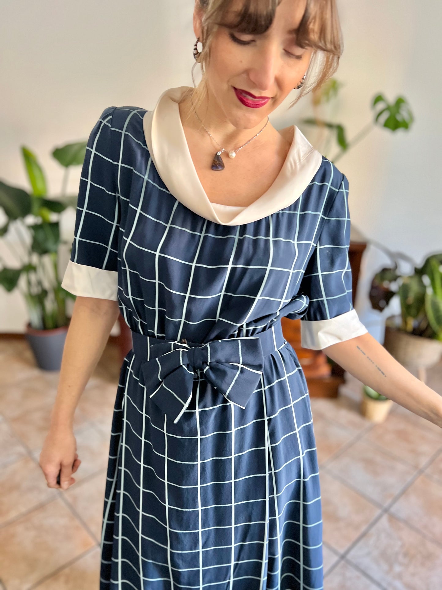 1950's vintage blue plaid hand tailored silk pleated midi dress with matching bow belt
