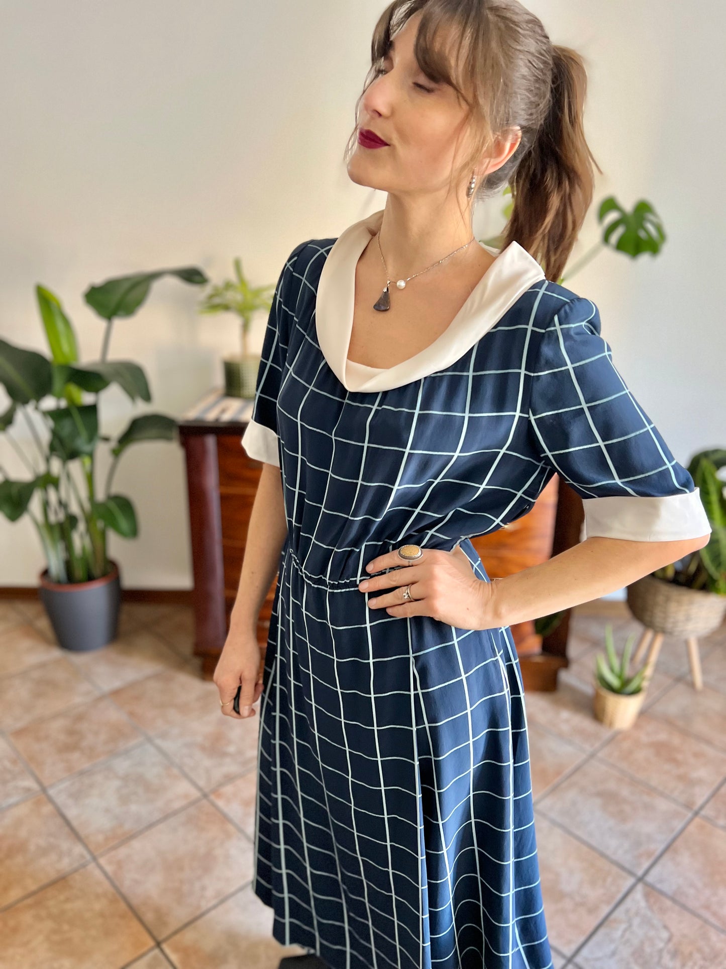 1950's vintage blue plaid hand tailored silk pleated midi dress with matching bow belt