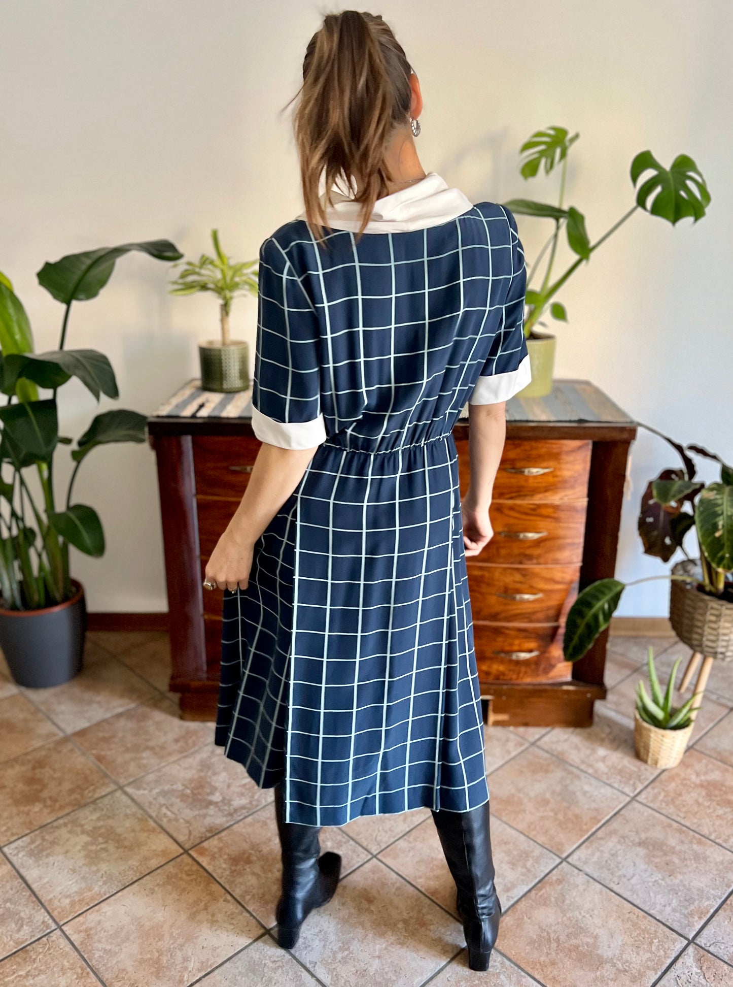 1950's vintage blue plaid hand tailored silk pleated midi dress with matching bow belt
