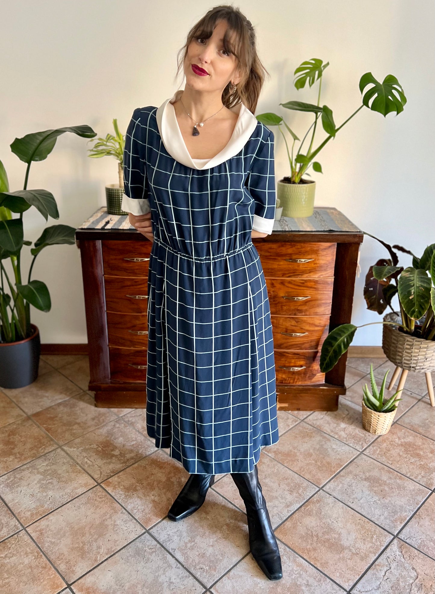 1950's vintage blue plaid hand tailored silk pleated midi dress with matching bow belt