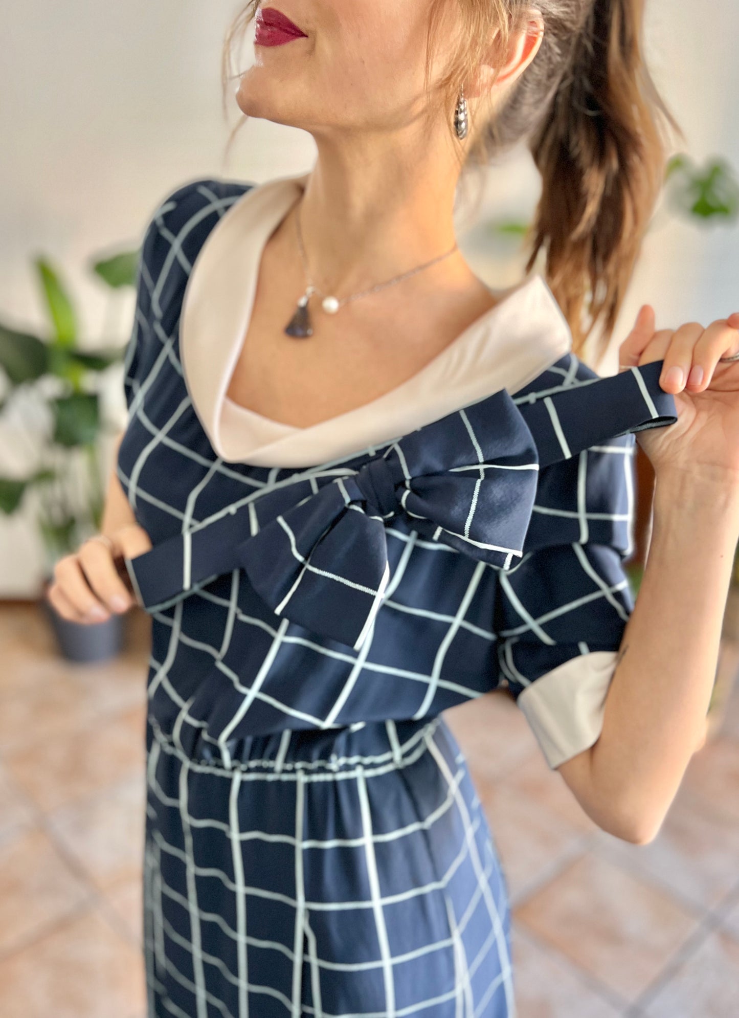1950's vintage blue plaid hand tailored silk pleated midi dress with matching bow belt