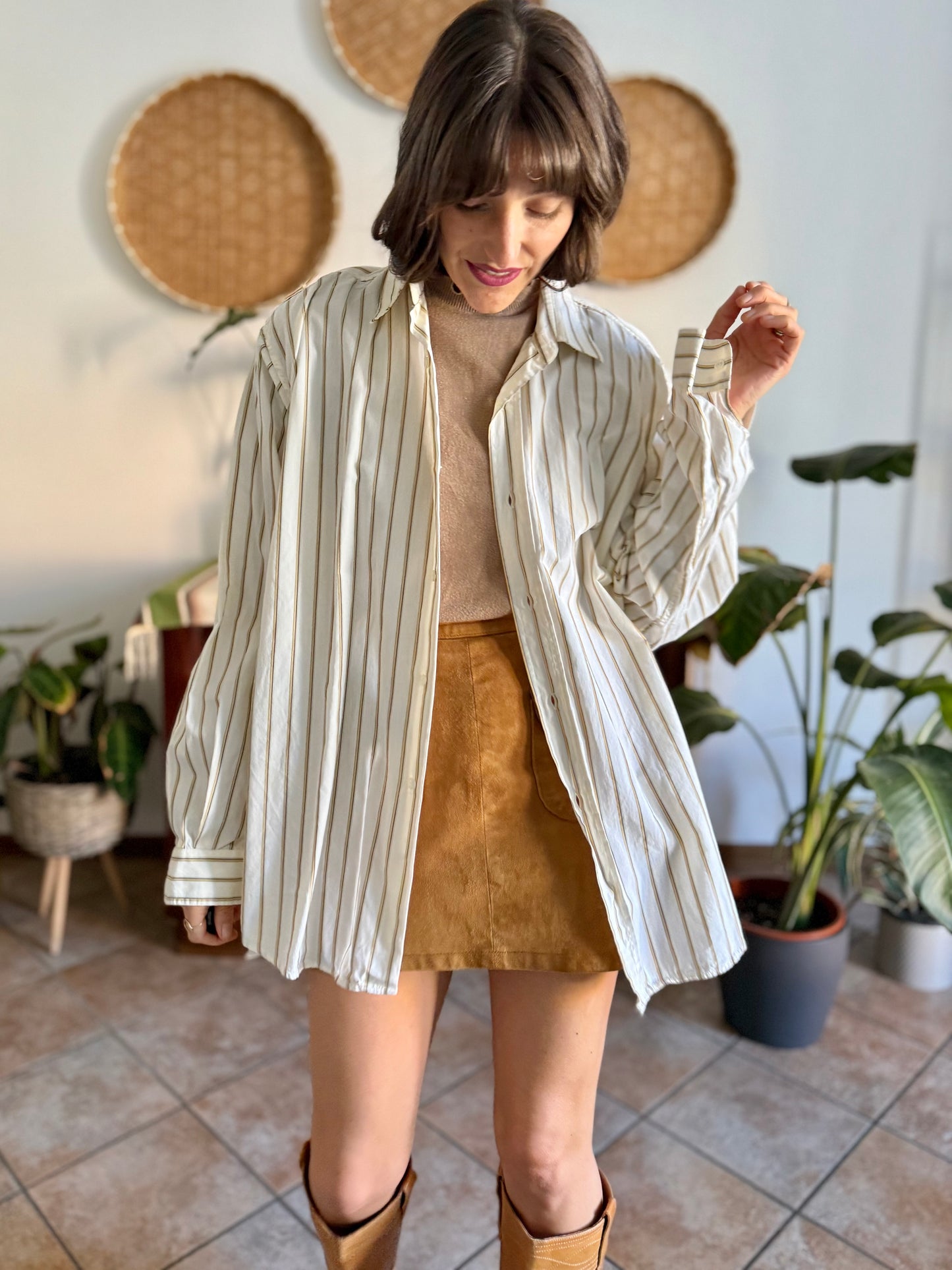1970's vintage oversize cream shirt with tan, brown and light blue pin striping