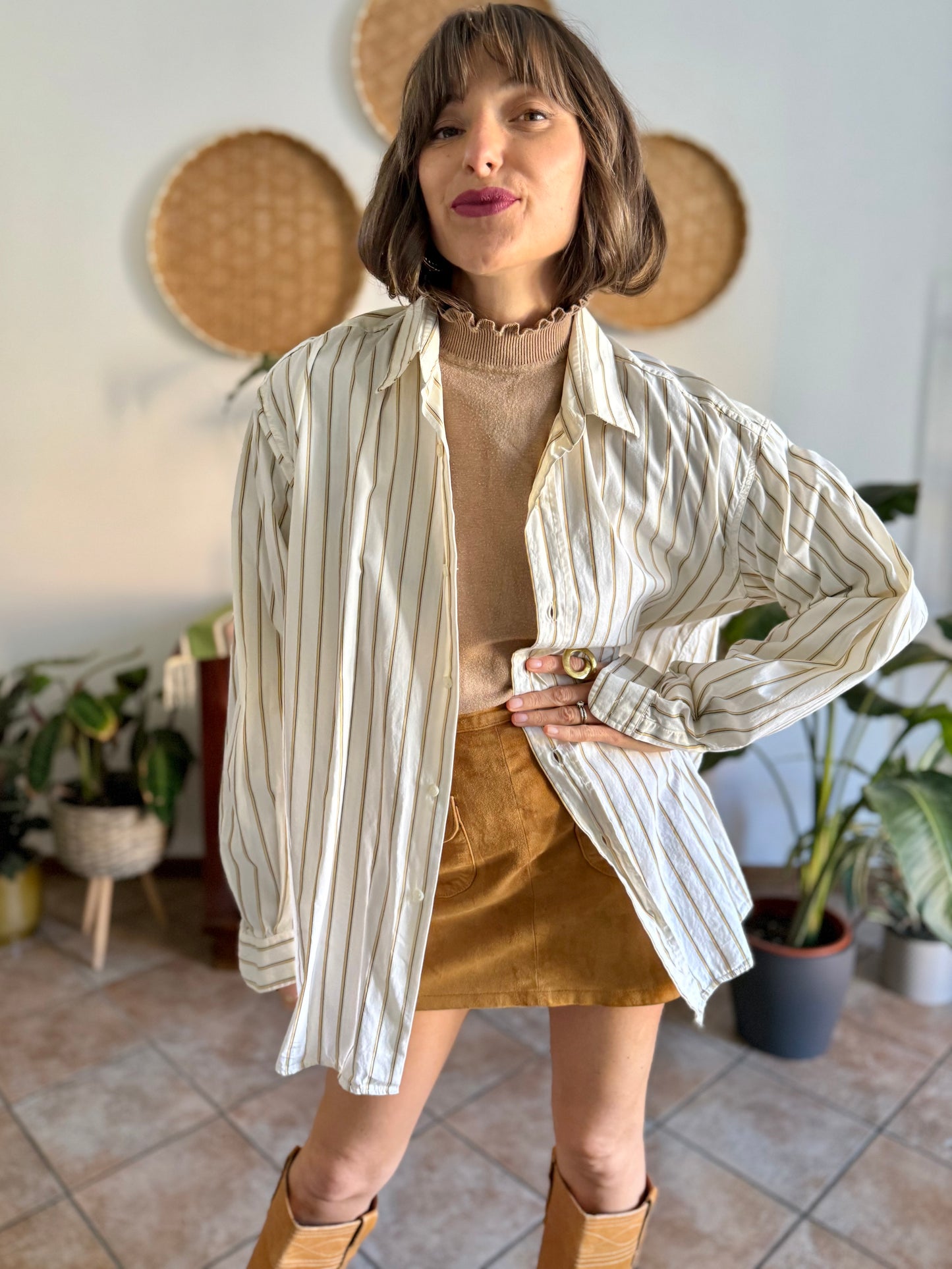 1970's vintage oversize cream shirt with tan, brown and light blue pin striping