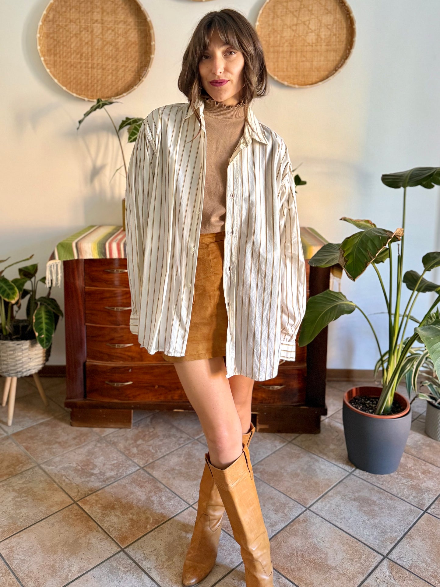 1970's vintage oversize cream shirt with tan, brown and light blue pin striping