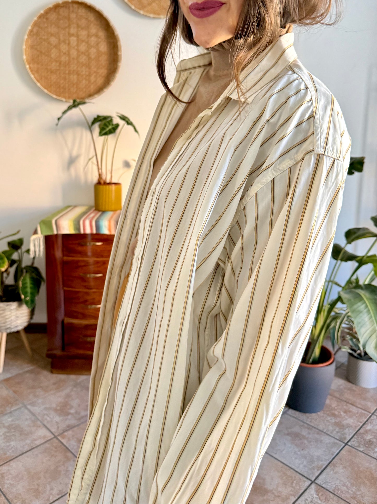 1970's vintage oversize cream shirt with tan, brown and light blue pin striping