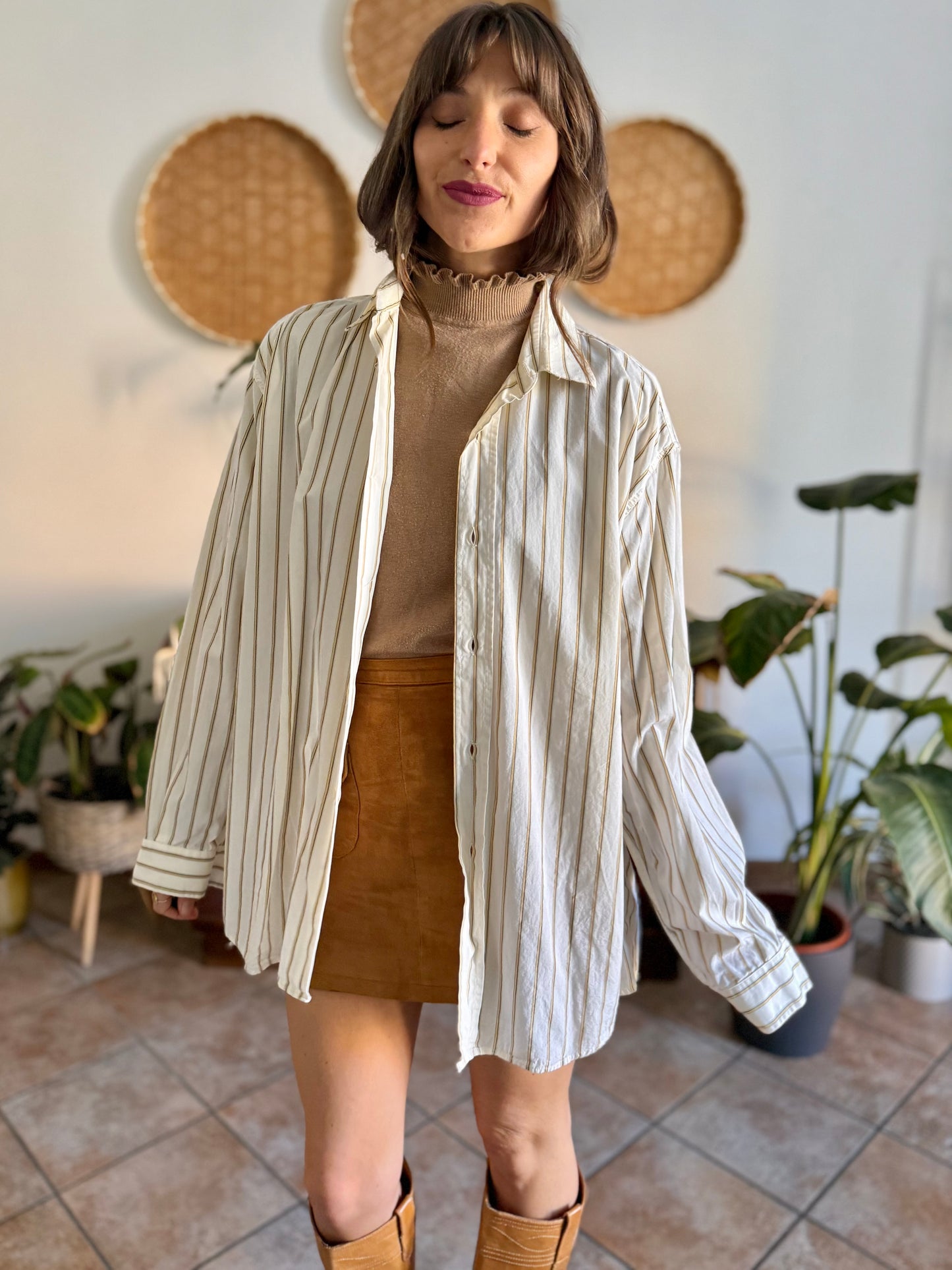 1970's vintage oversize cream shirt with tan, brown and light blue pin striping