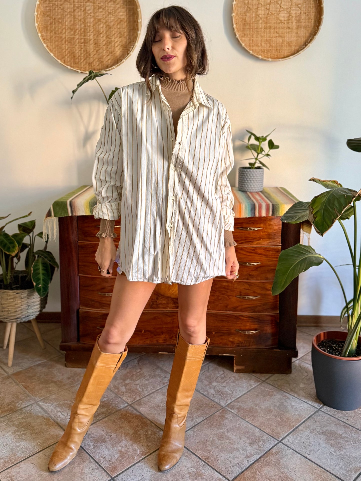 1970's vintage oversize cream shirt with tan, brown and light blue pin striping