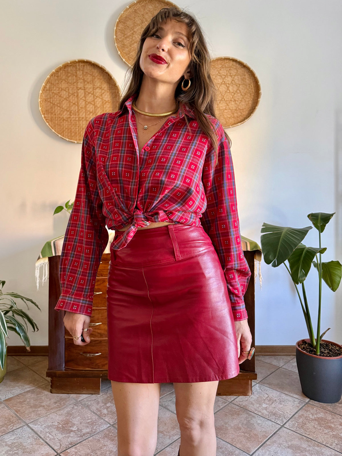 1970's vintage red, blue and green plaid with embroidered geometric pattern