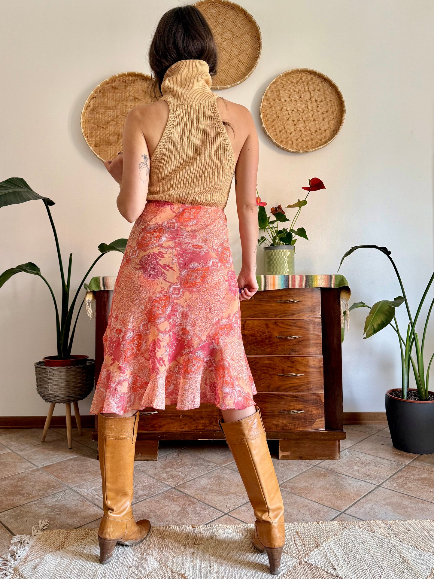 Y2k vintage pink and orange paisley midi skirt