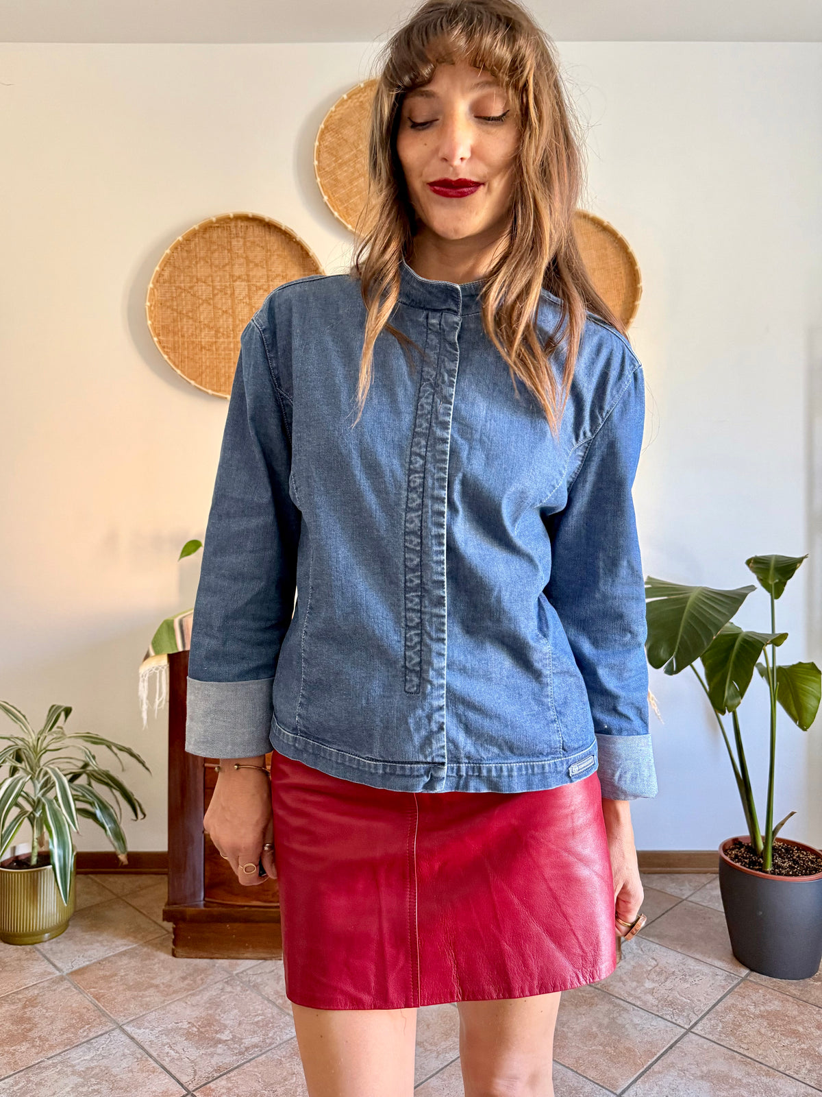 Y2k vintage dark blue denim hook and eye closure denim shirt
