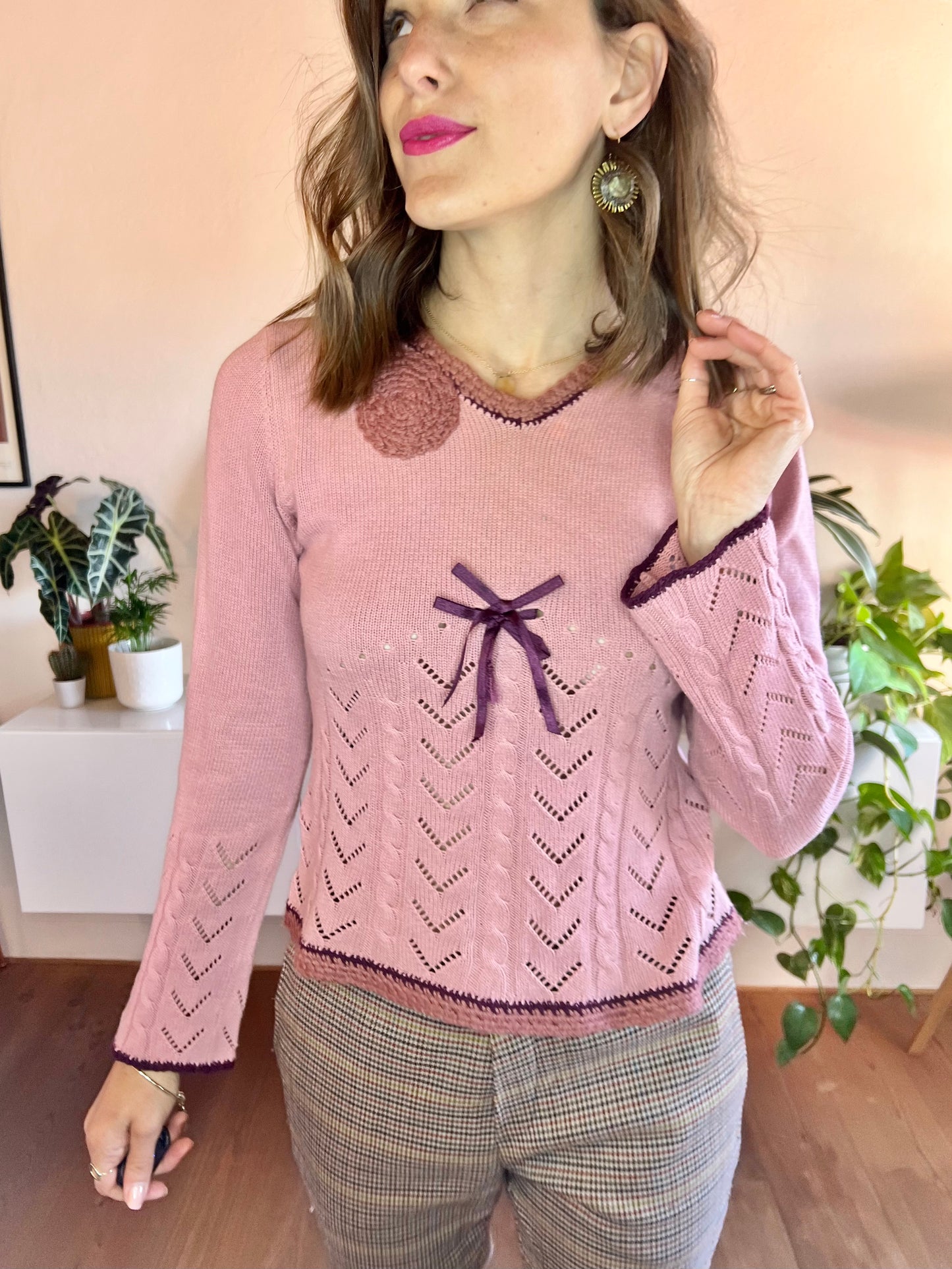 1990's vintage pink and purple knit bell sleeve pullover