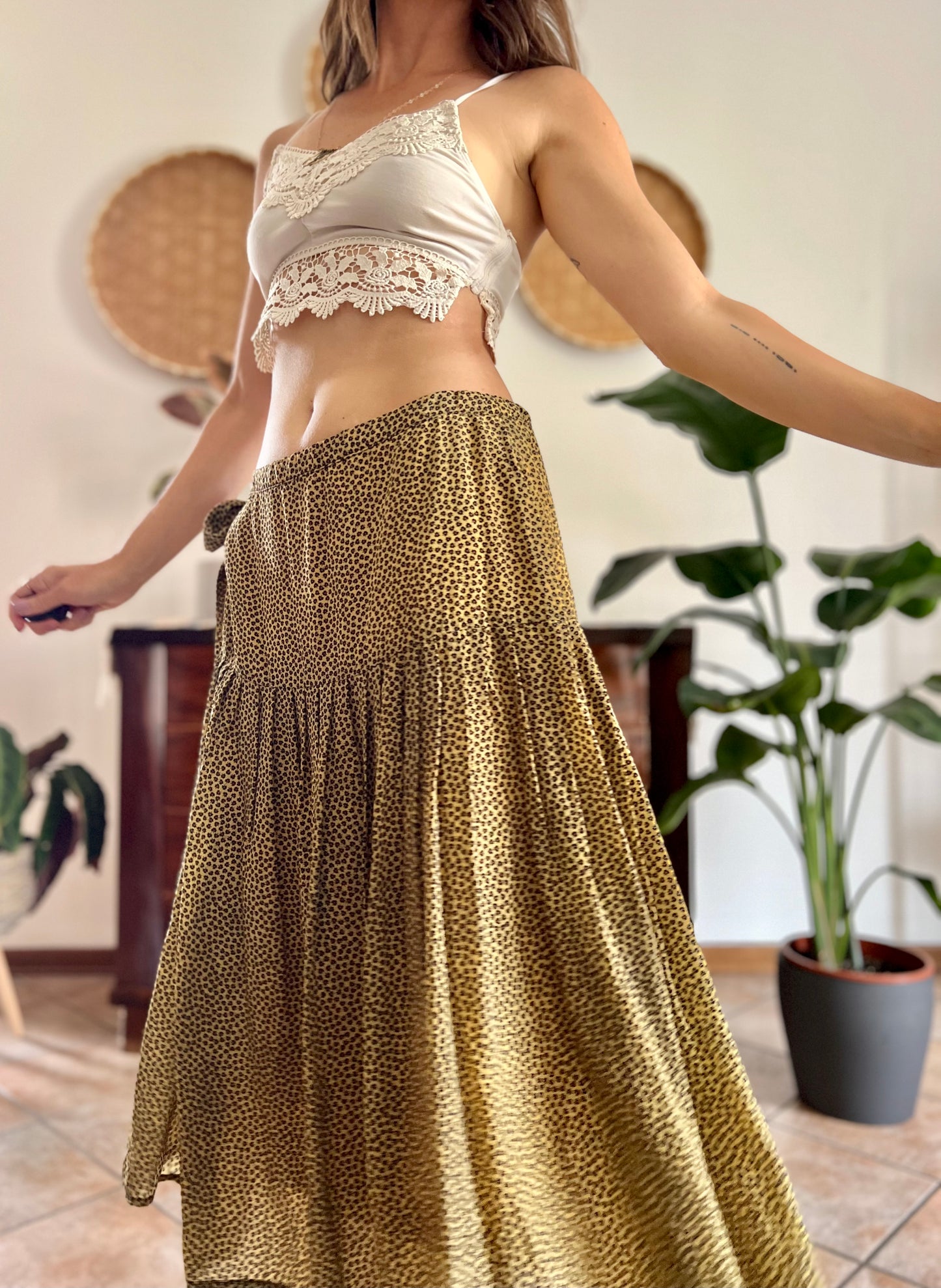 1970's vintage pale yellow and chocolate brown floral low rise midi skirt