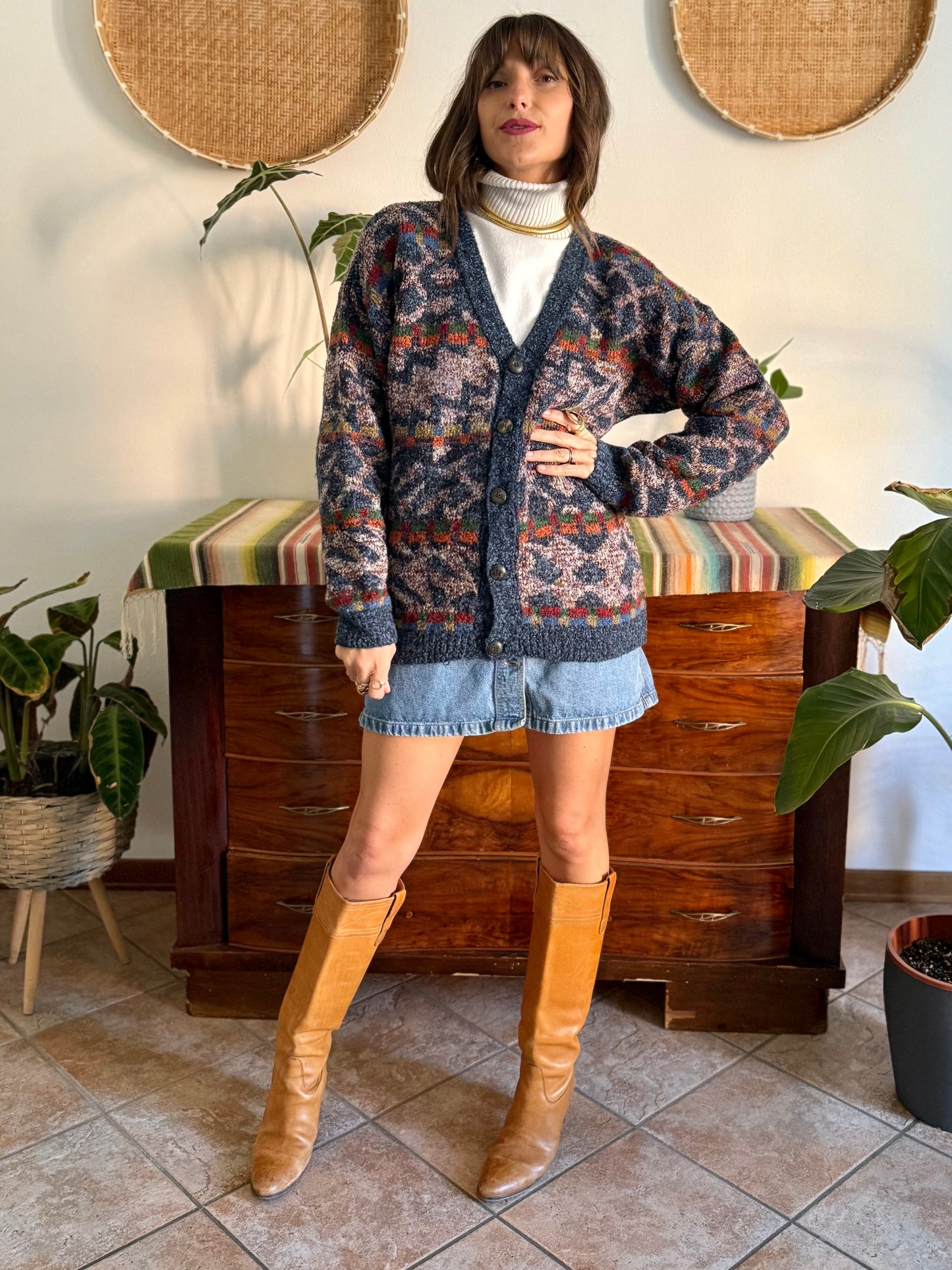 1980's vintage oversize multicolor geometric knit wool cardigan