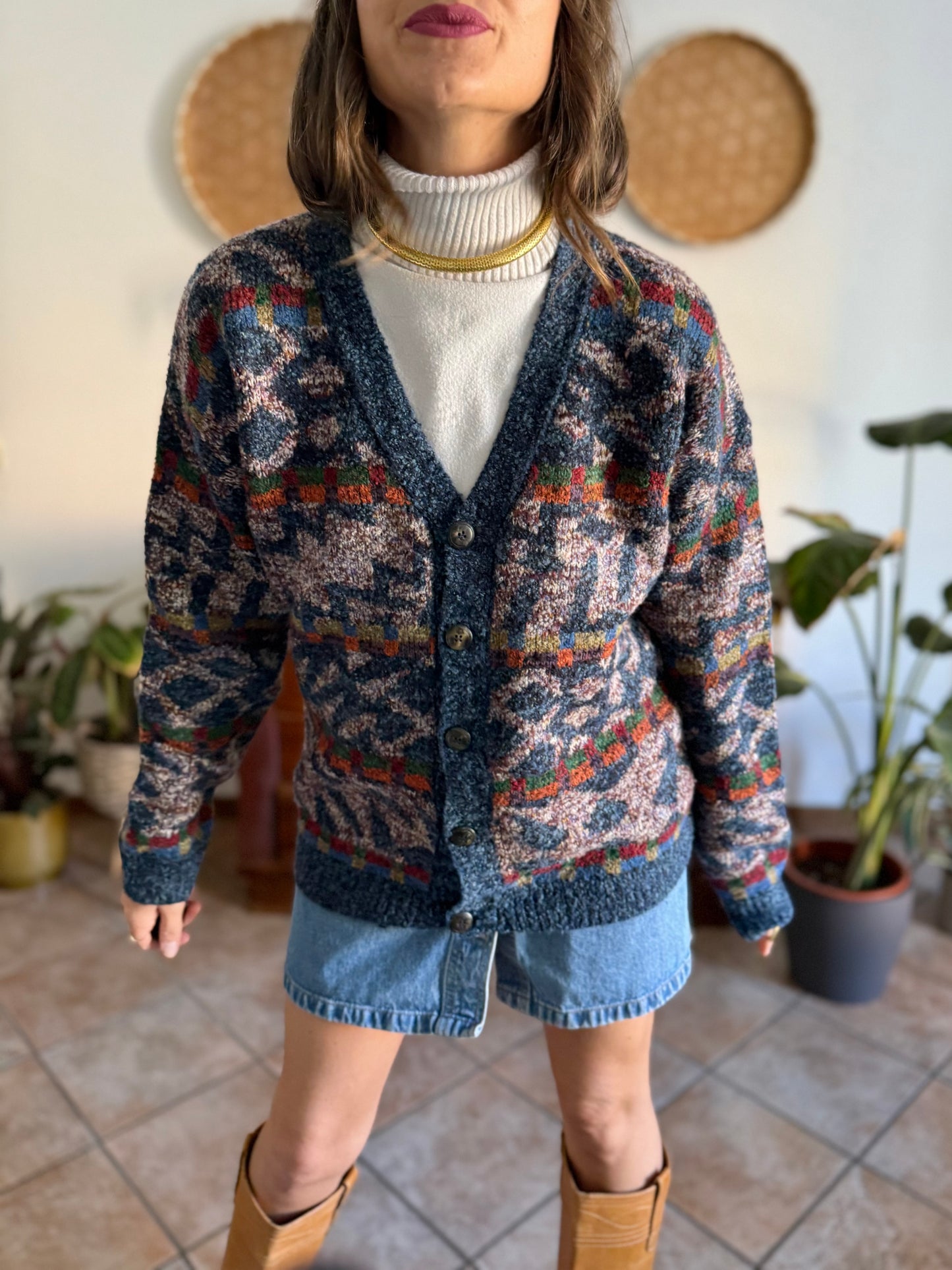 1980's vintage oversize multicolor geometric knit wool cardigan