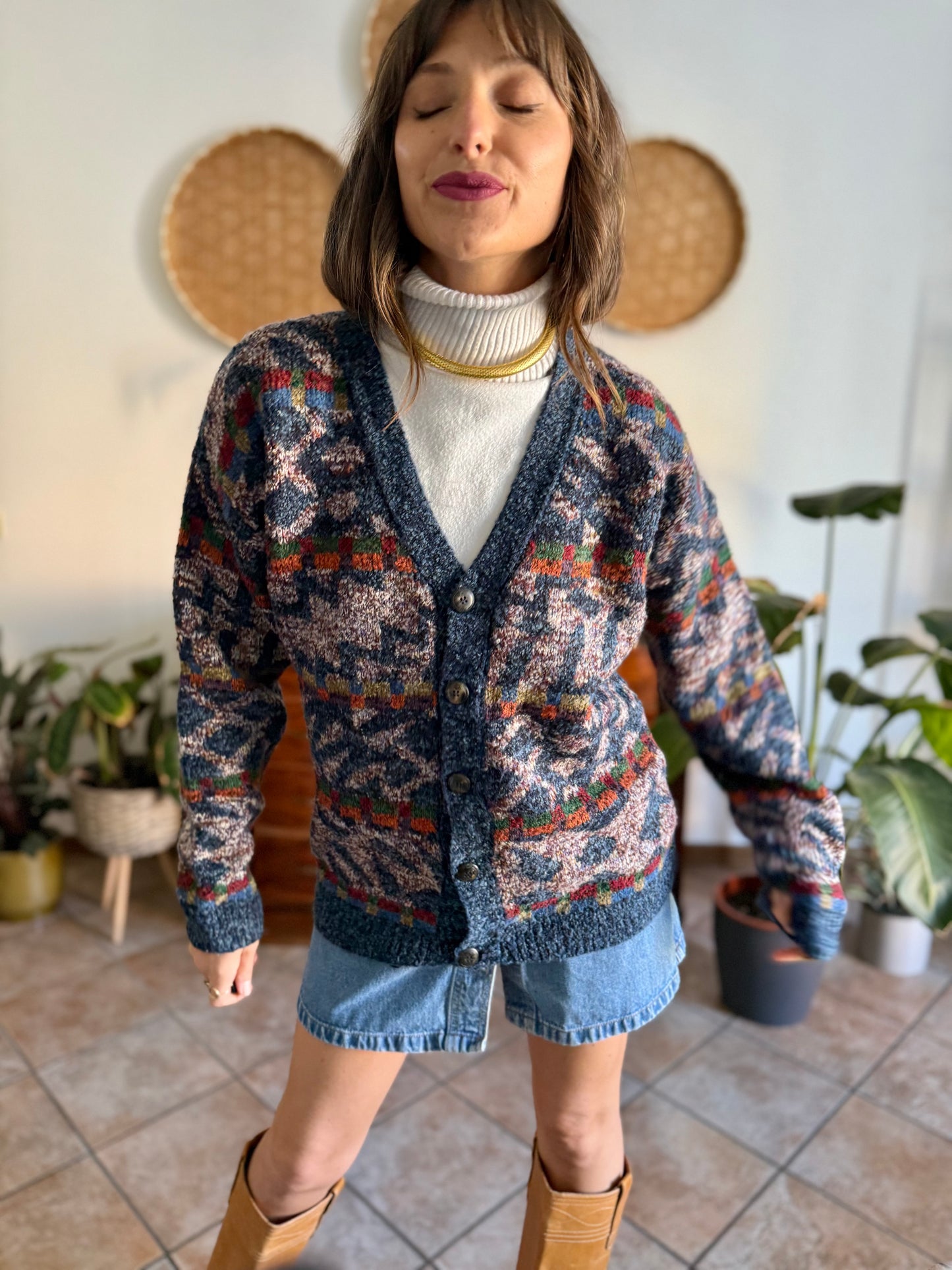 1980's vintage oversize multicolor geometric knit wool cardigan
