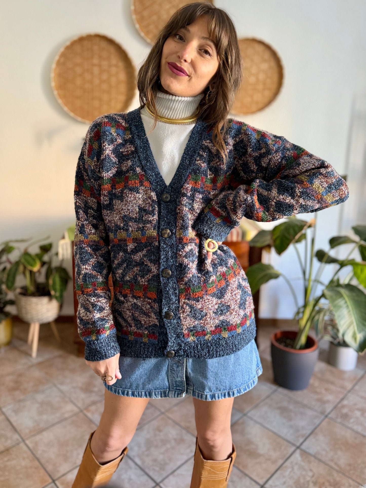 1980's vintage oversize multicolor geometric knit wool cardigan