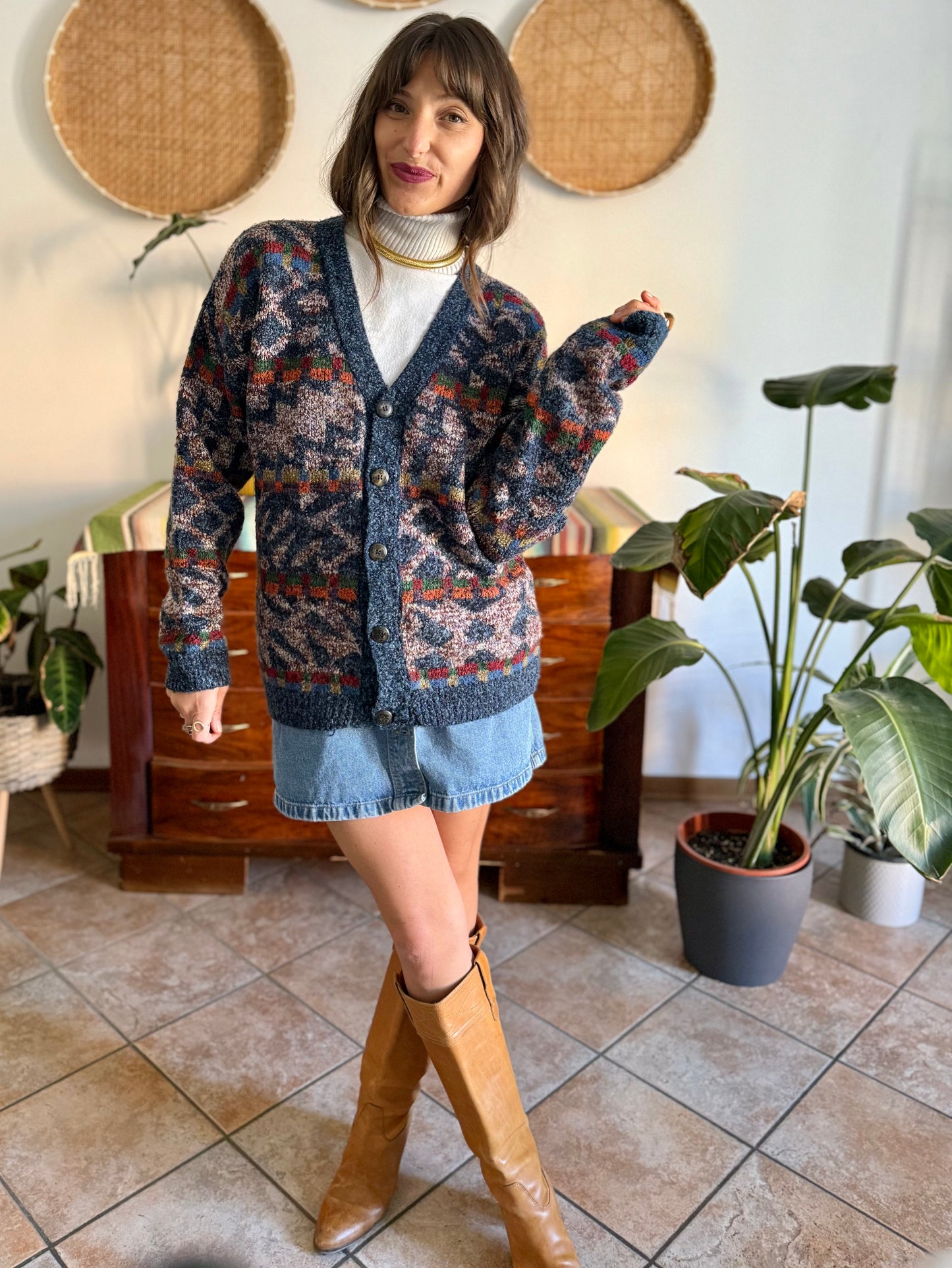 1980's vintage oversize multicolor geometric knit wool cardigan