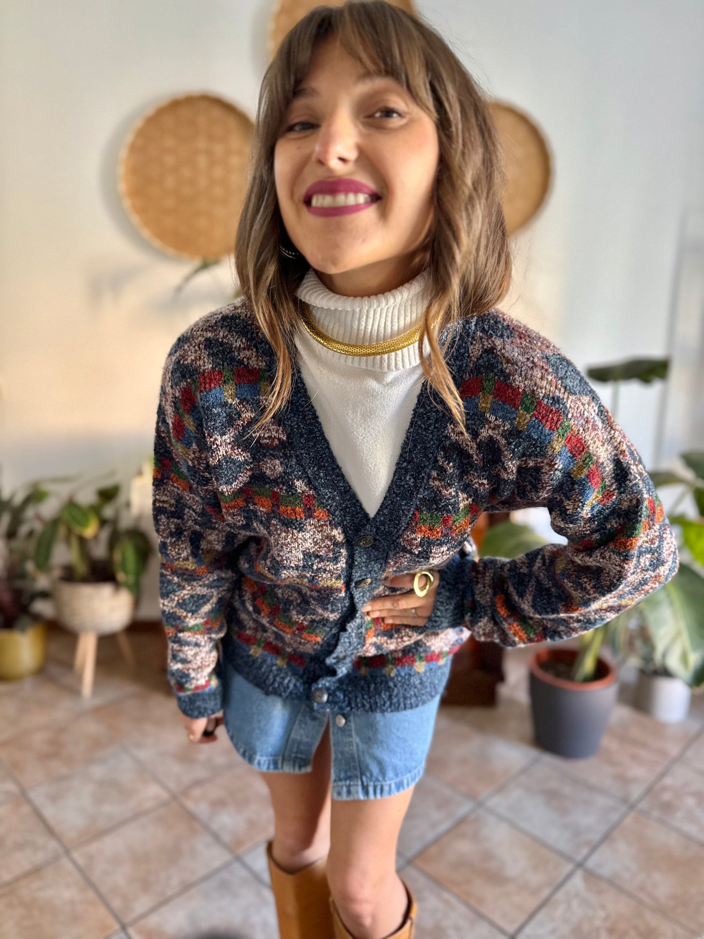 1980's vintage oversize multicolor geometric knit wool cardigan