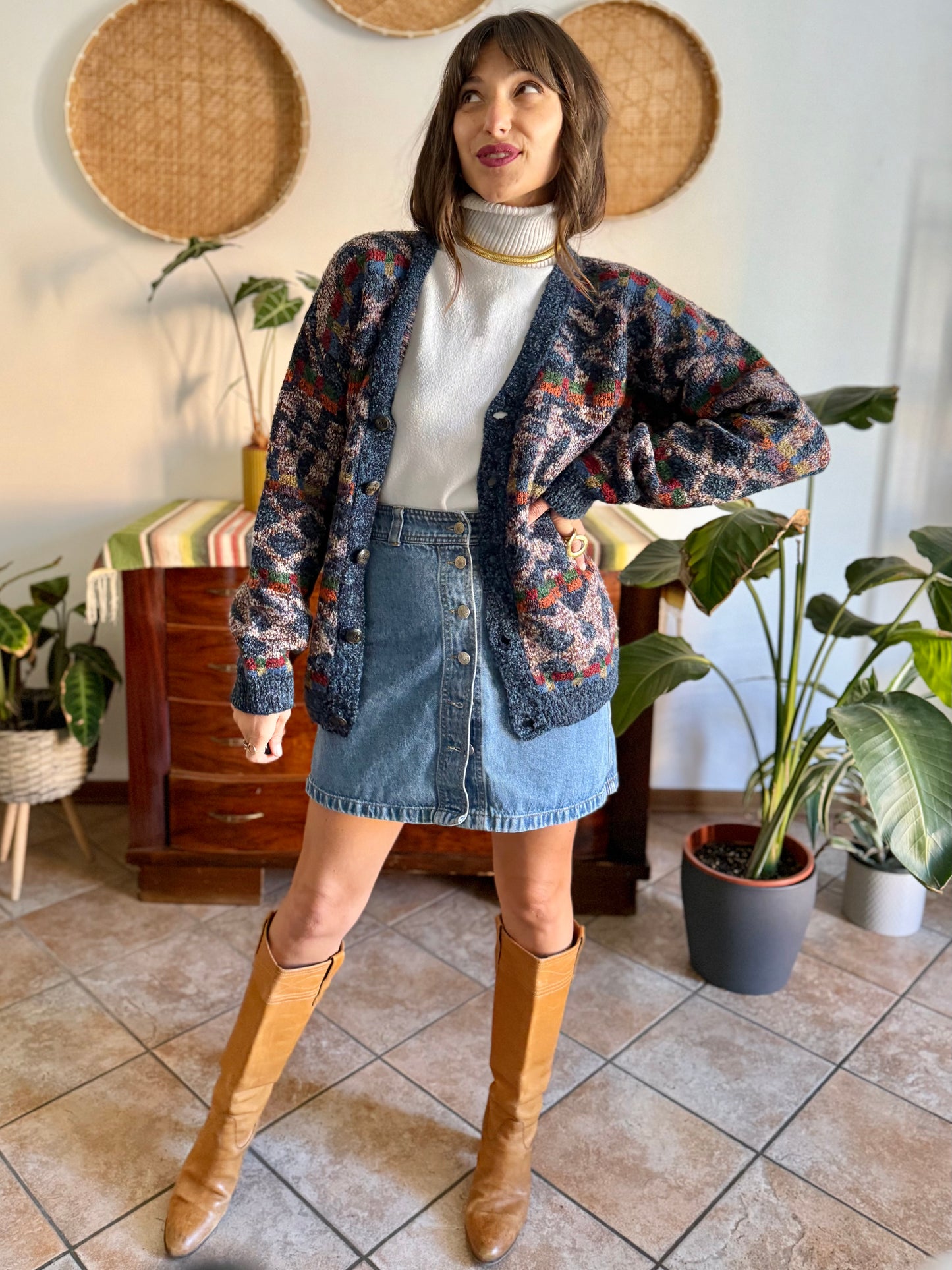 1980's vintage oversize multicolor geometric knit wool cardigan