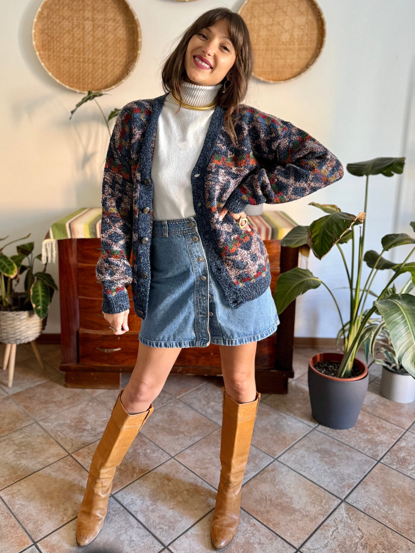 1980's vintage oversize multicolor geometric knit wool cardigan