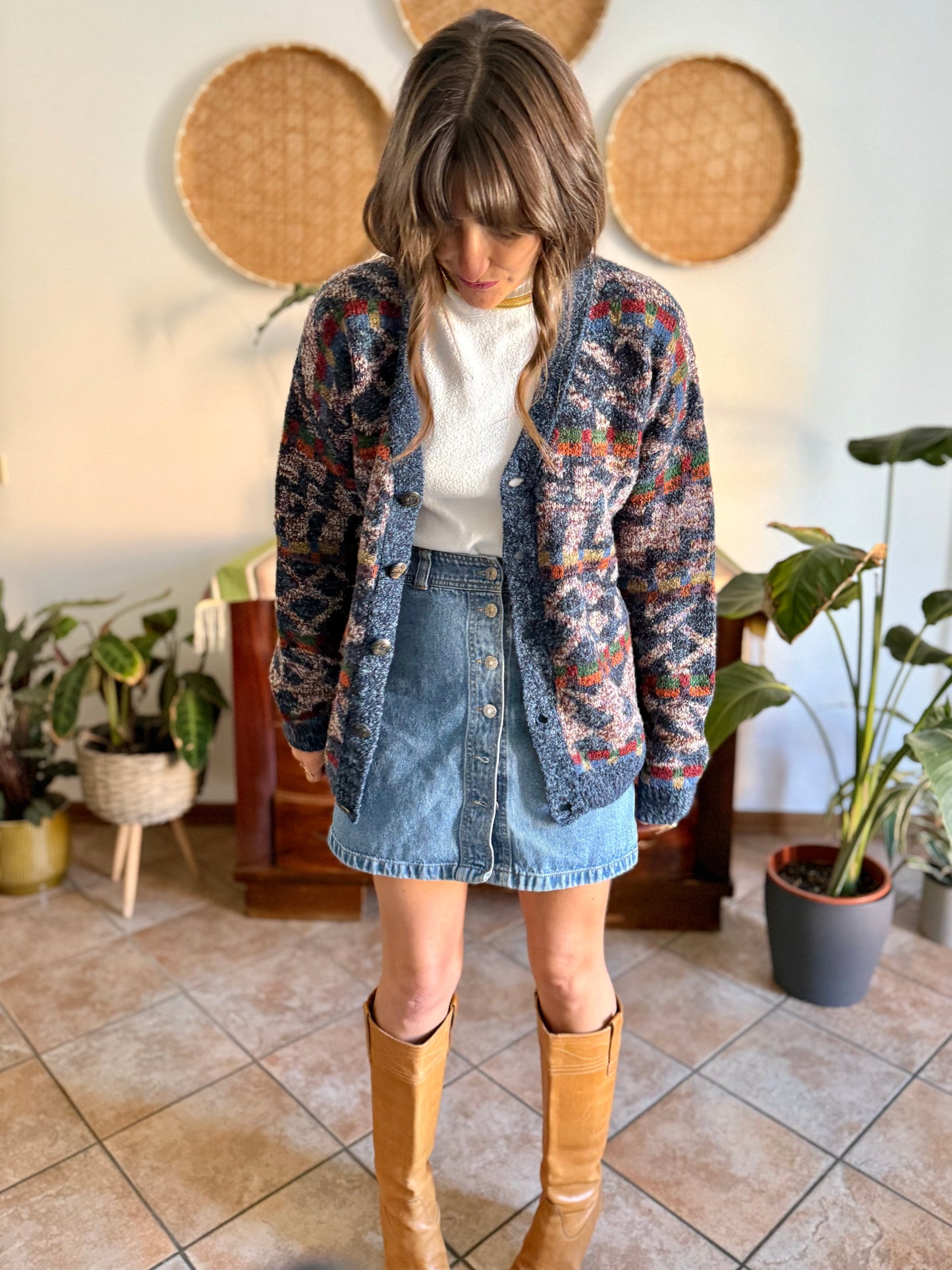 1980's vintage oversize multicolor geometric knit wool cardigan