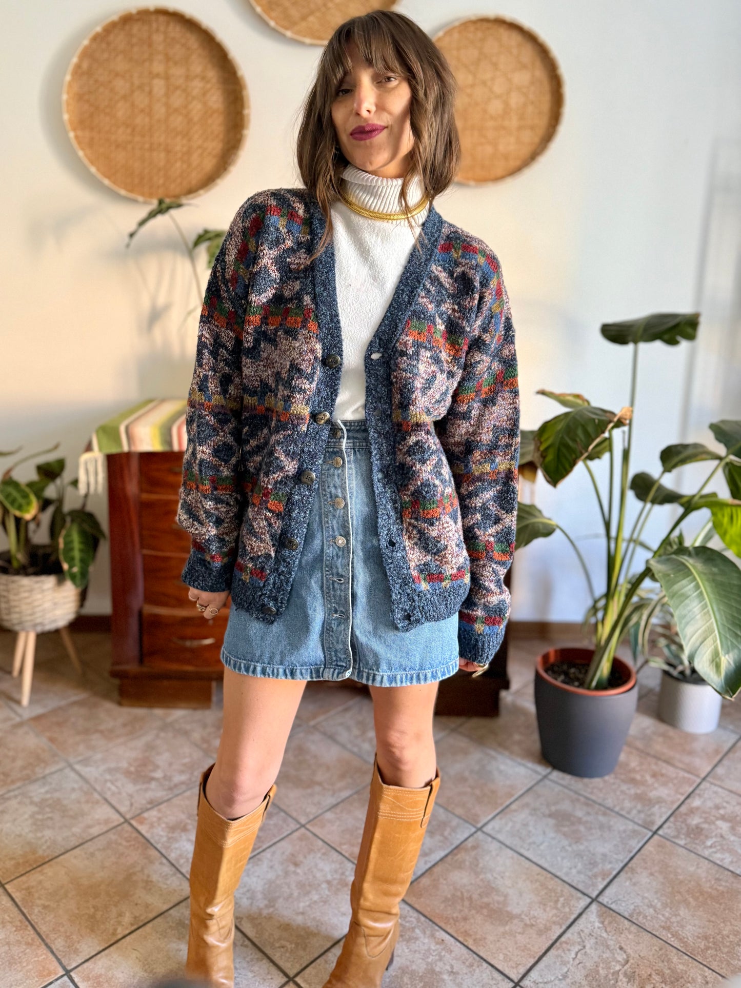 1980's vintage oversize multicolor geometric knit wool cardigan