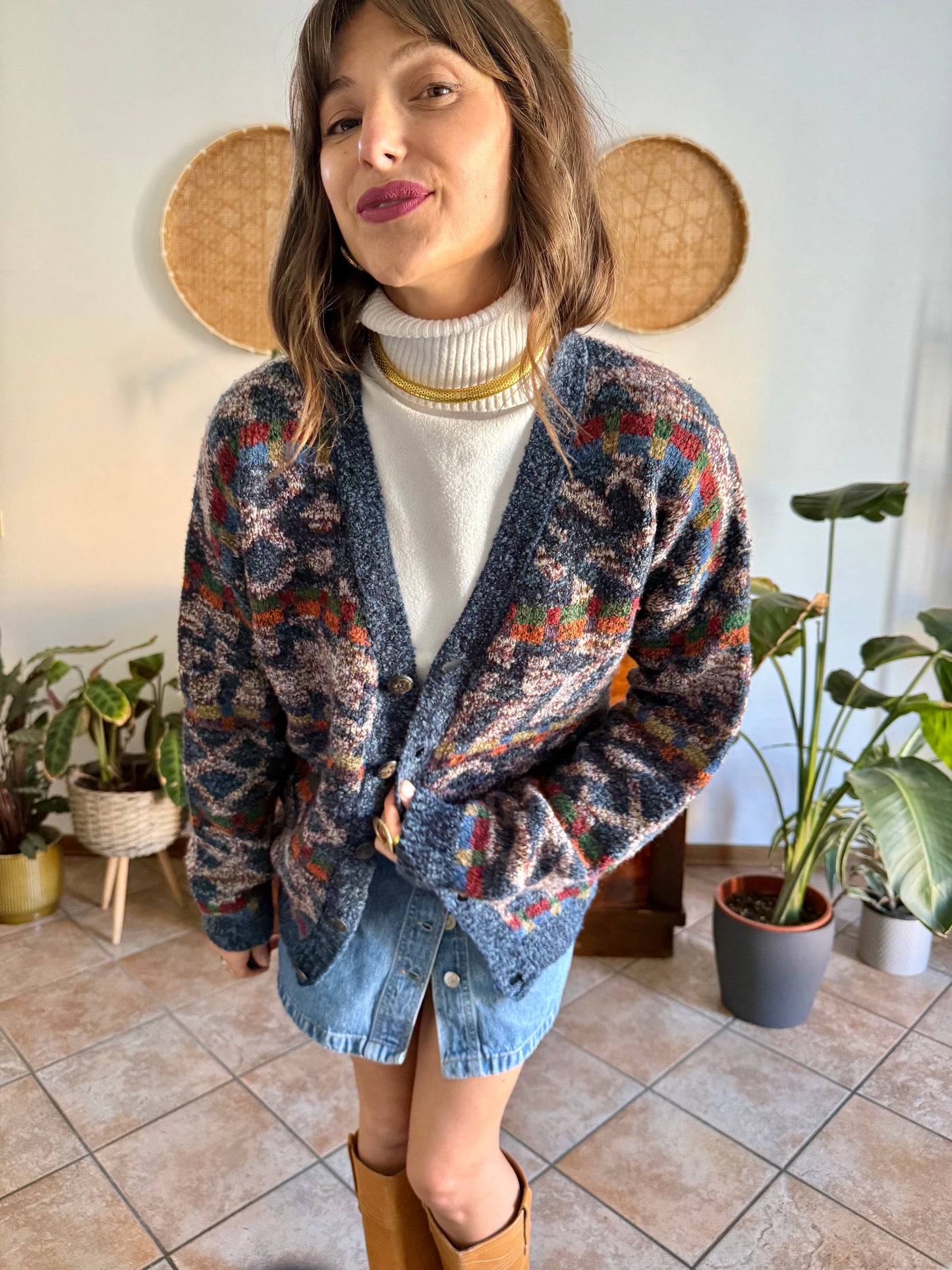1980's vintage oversize multicolor geometric knit wool cardigan