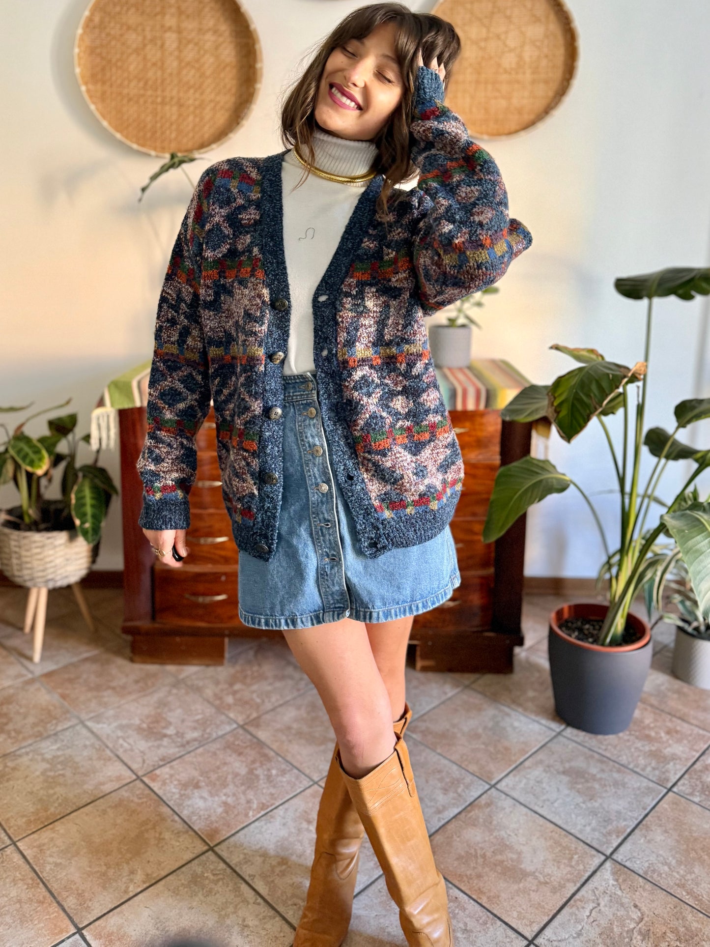 1980's vintage oversize multicolor geometric knit wool cardigan