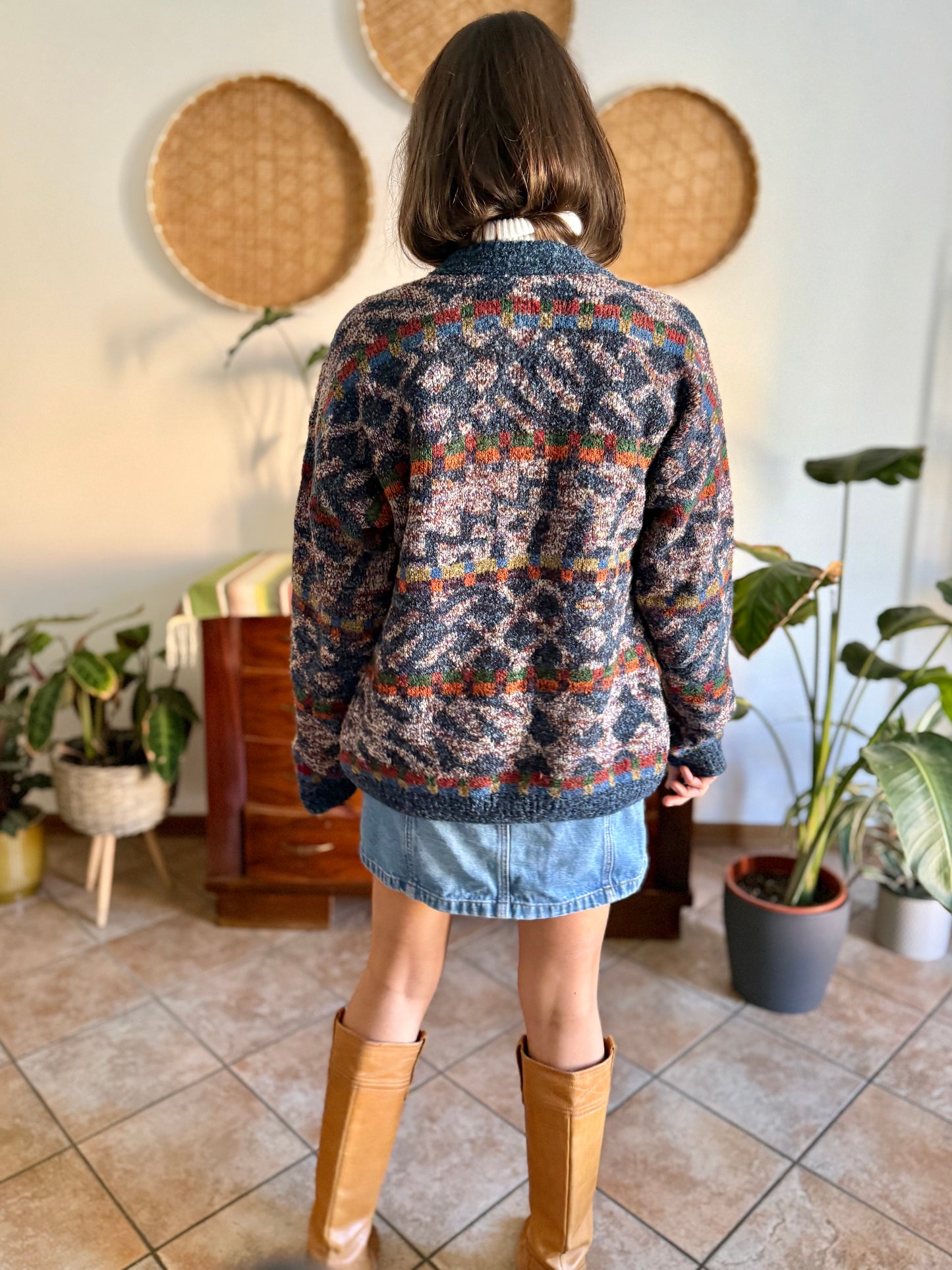 1980's vintage oversize multicolor geometric knit wool cardigan