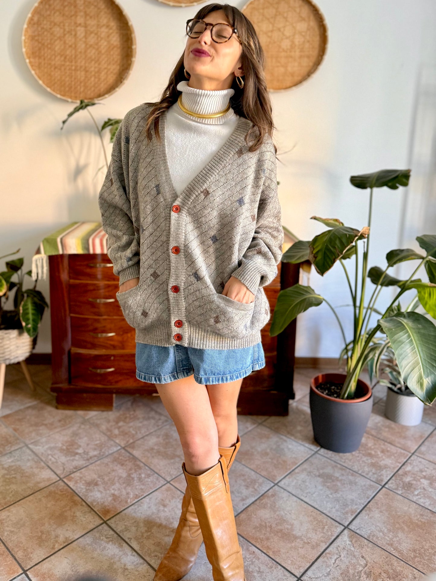 1990's vintage oversize grey, chocolate brown and light blue stripe and geometric wool blend cardigan