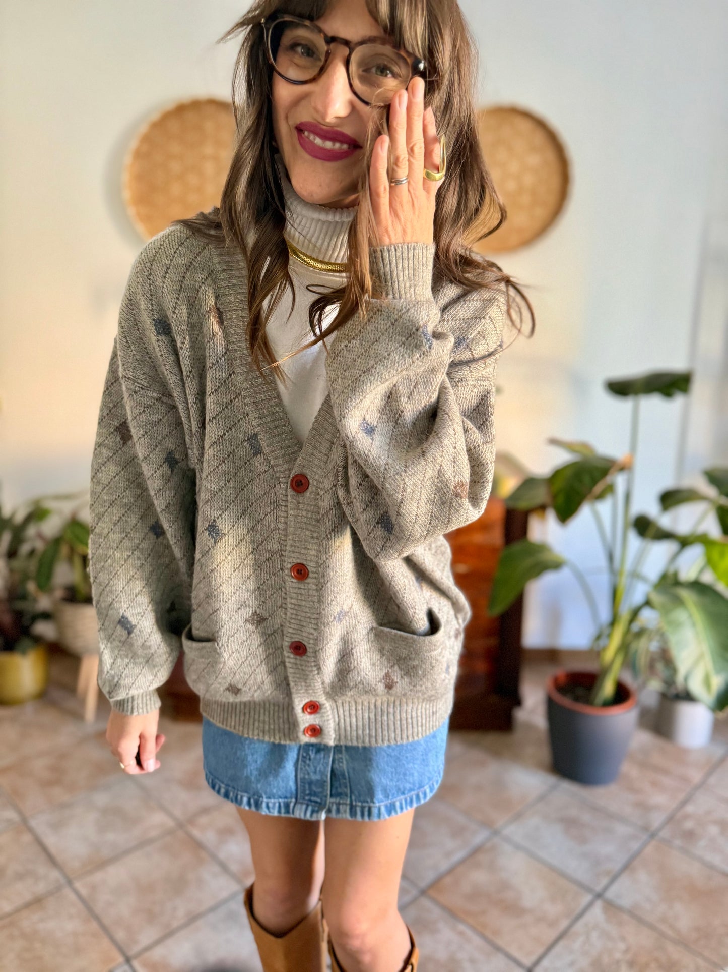 1990's vintage oversize grey, chocolate brown and light blue stripe and geometric wool blend cardigan