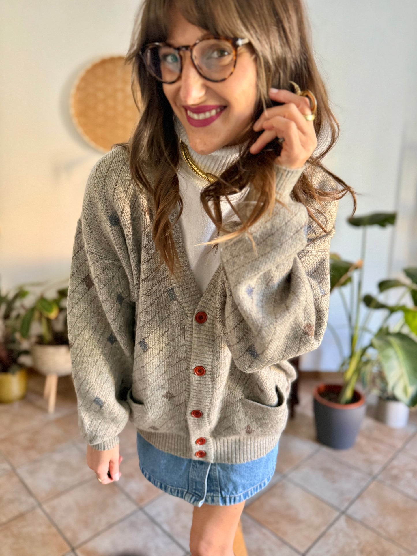 1990's vintage oversize grey, chocolate brown and light blue stripe and geometric wool blend cardigan