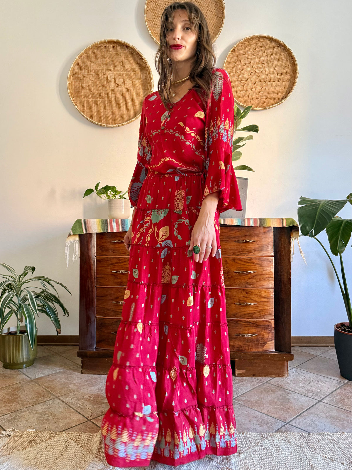1970's vintage cherry red bell sleeve maxi dress with botanical print