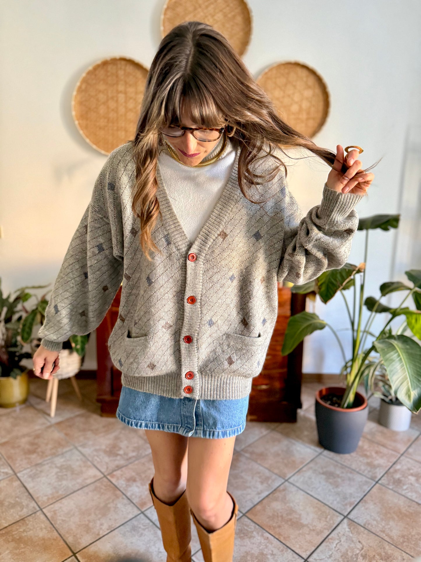 1990's vintage oversize grey, chocolate brown and light blue stripe and geometric wool blend cardigan