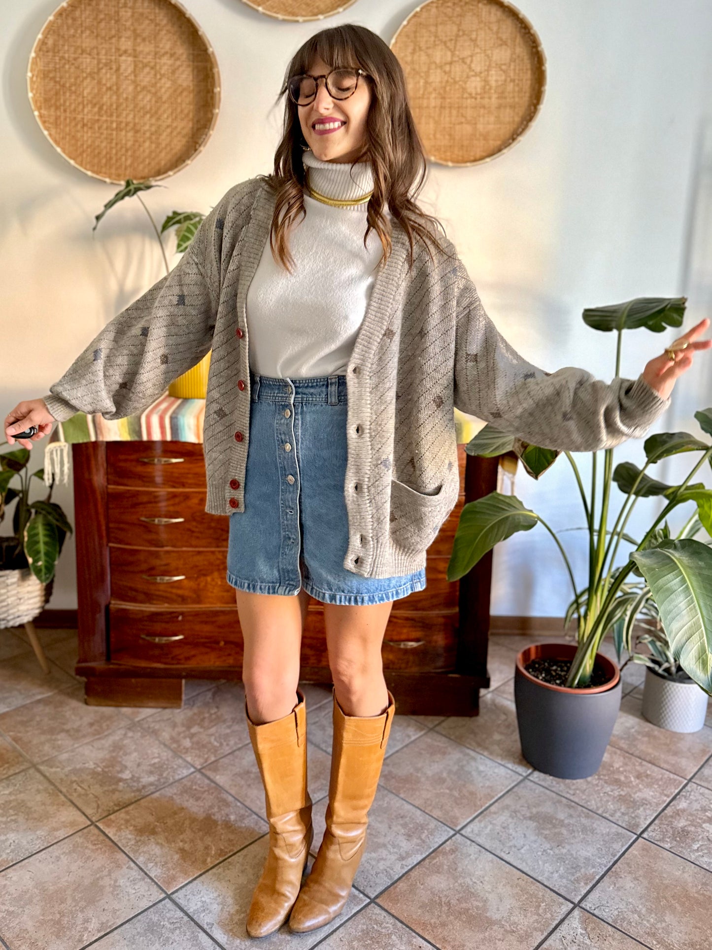1990's vintage oversize grey, chocolate brown and light blue stripe and geometric wool blend cardigan