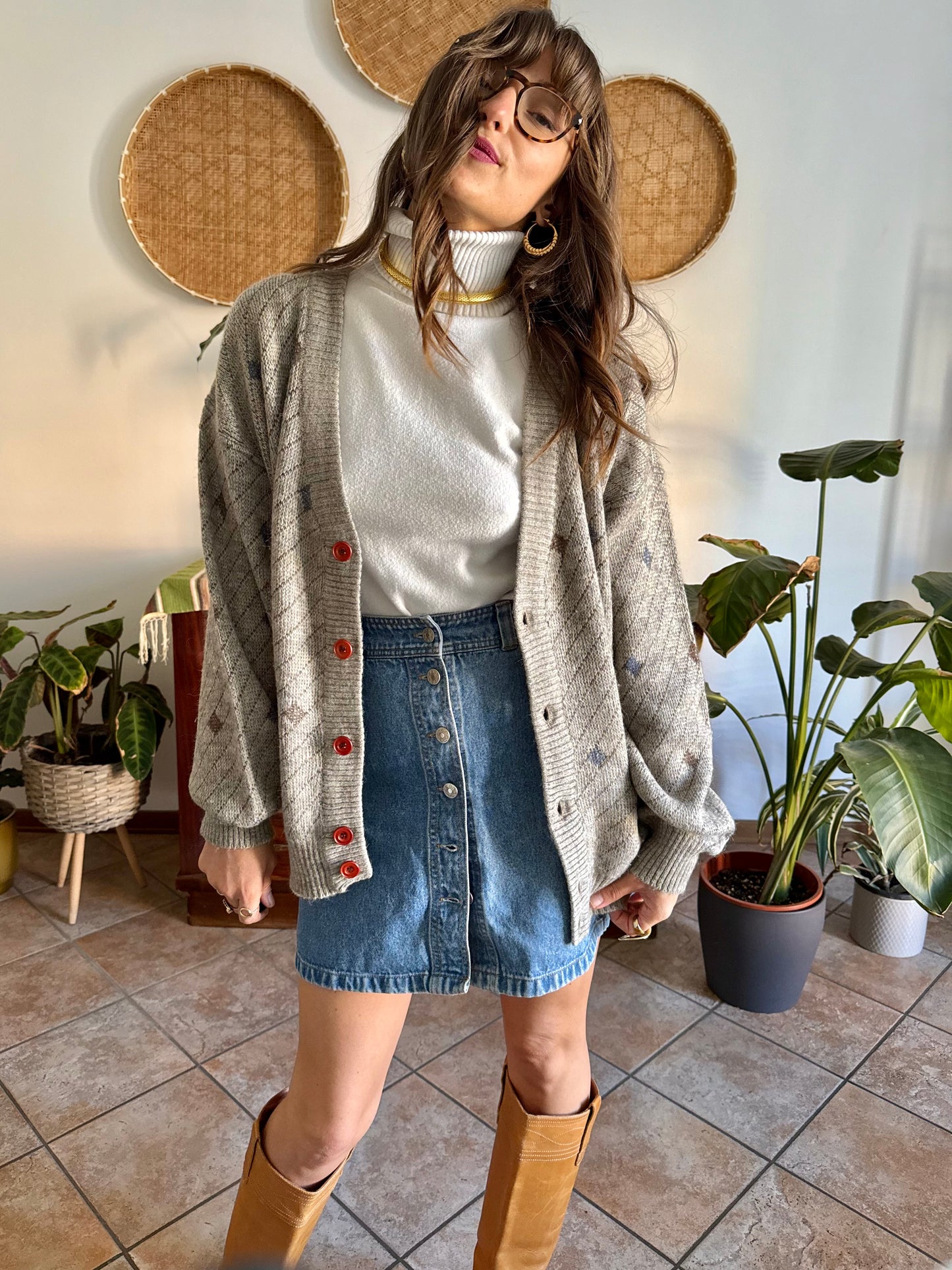1990's vintage oversize grey, chocolate brown and light blue stripe and geometric wool blend cardigan