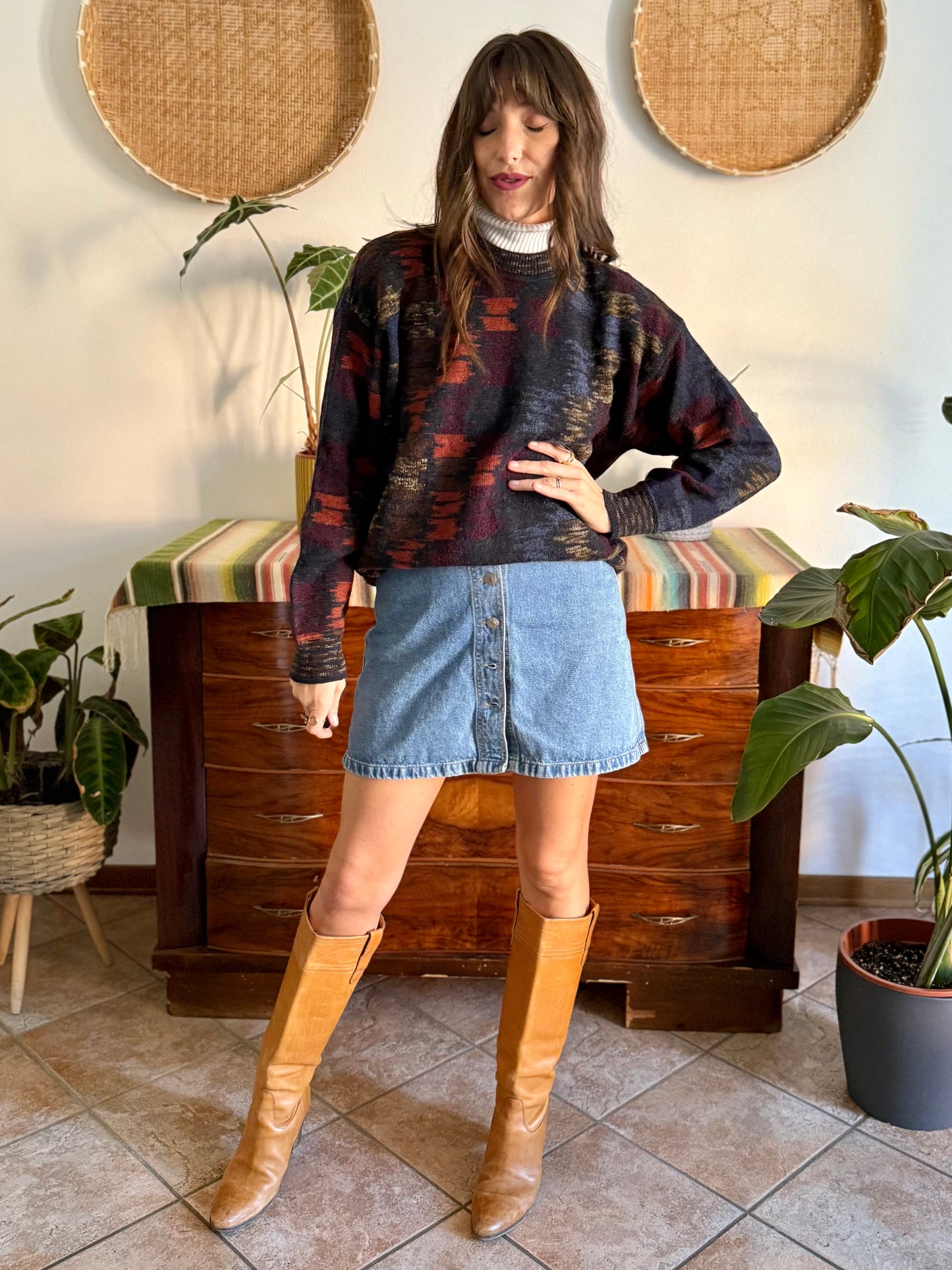 1990's vintage charcoal grey and multicolor houndstooth knit wool pullover