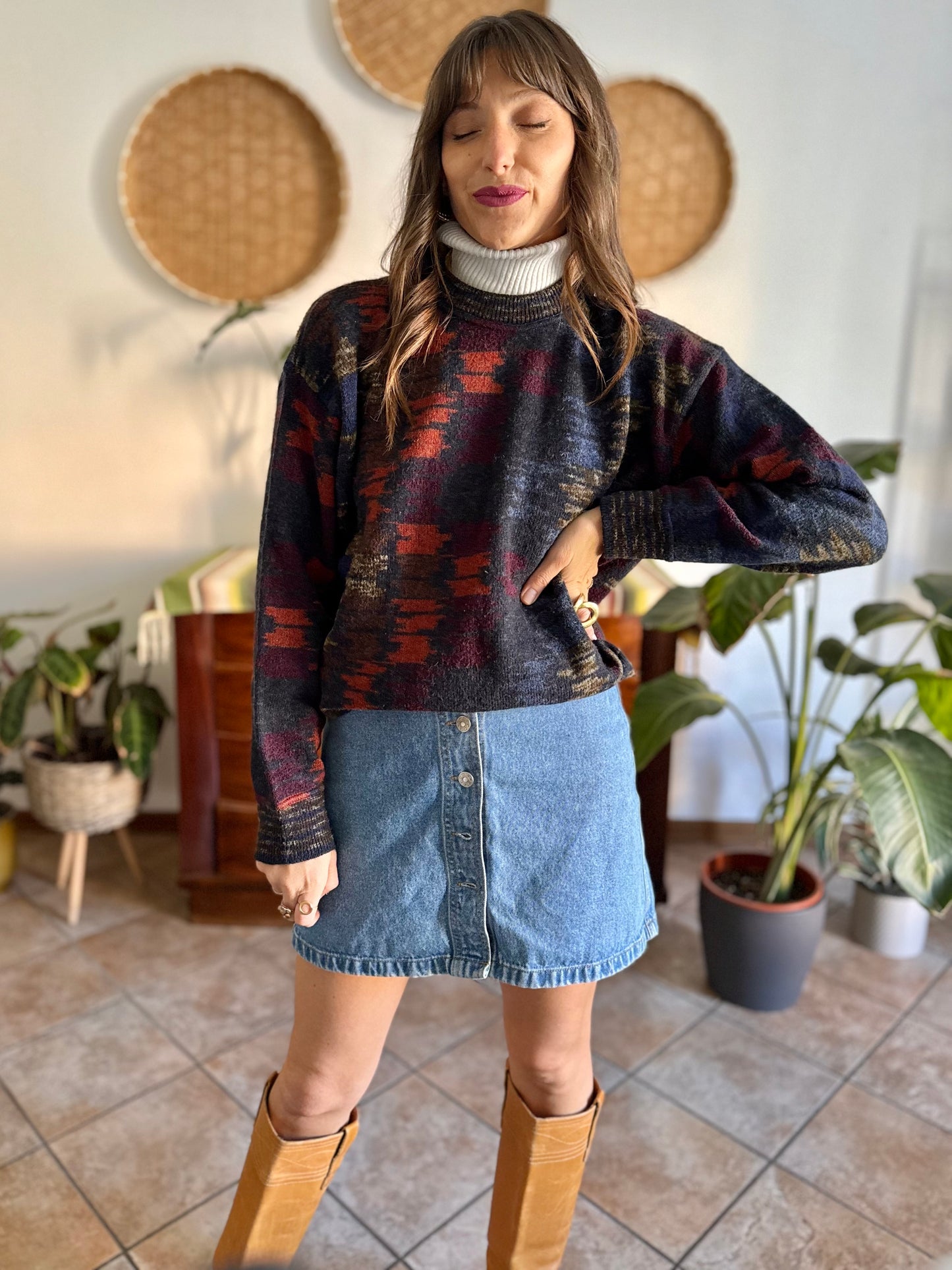 1990's vintage charcoal grey and multicolor houndstooth knit wool pullover