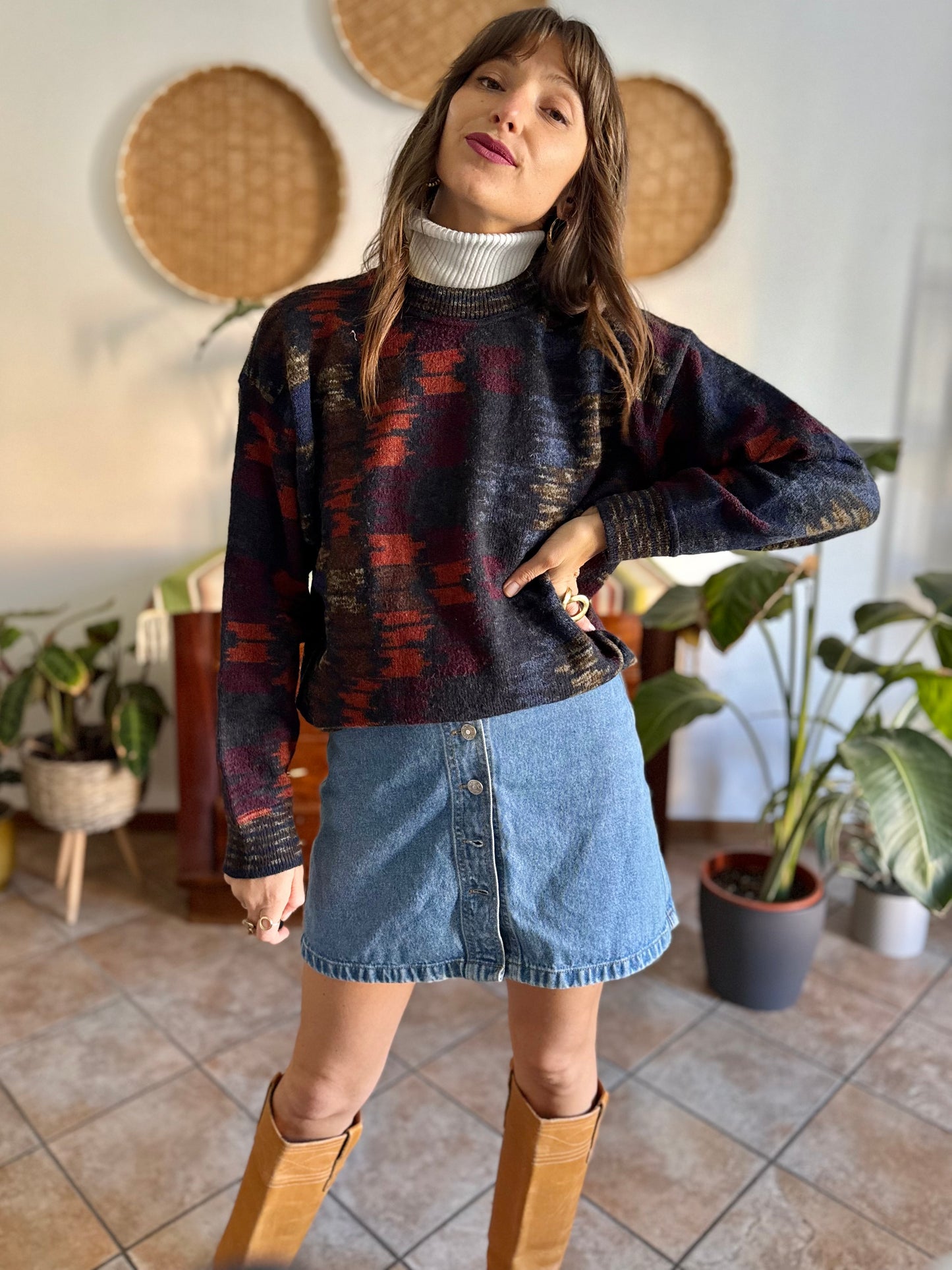 1990's vintage charcoal grey and multicolor houndstooth knit wool pullover