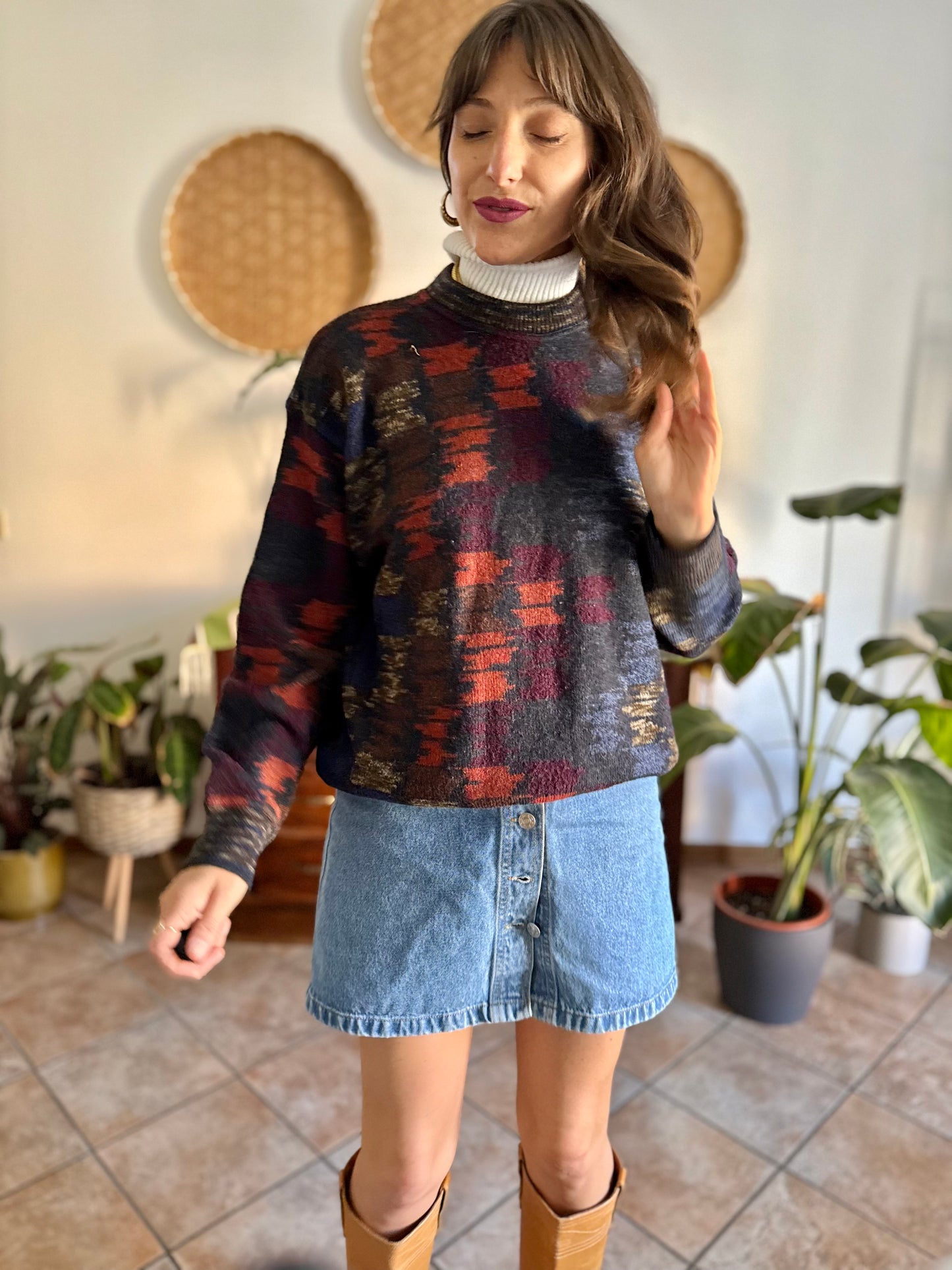 1990's vintage charcoal grey and multicolor houndstooth knit wool pullover