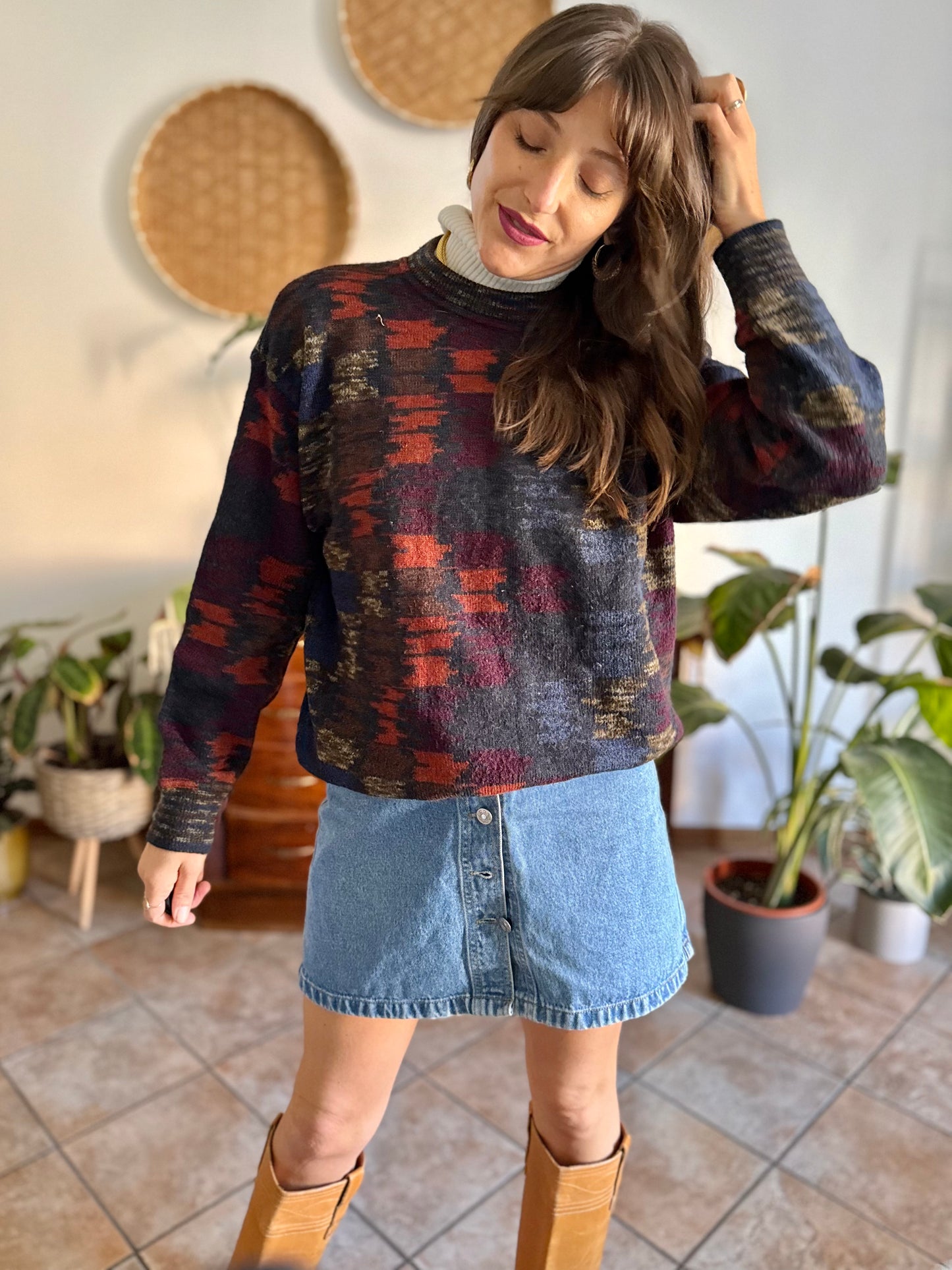 1990's vintage charcoal grey and multicolor houndstooth knit wool pullover