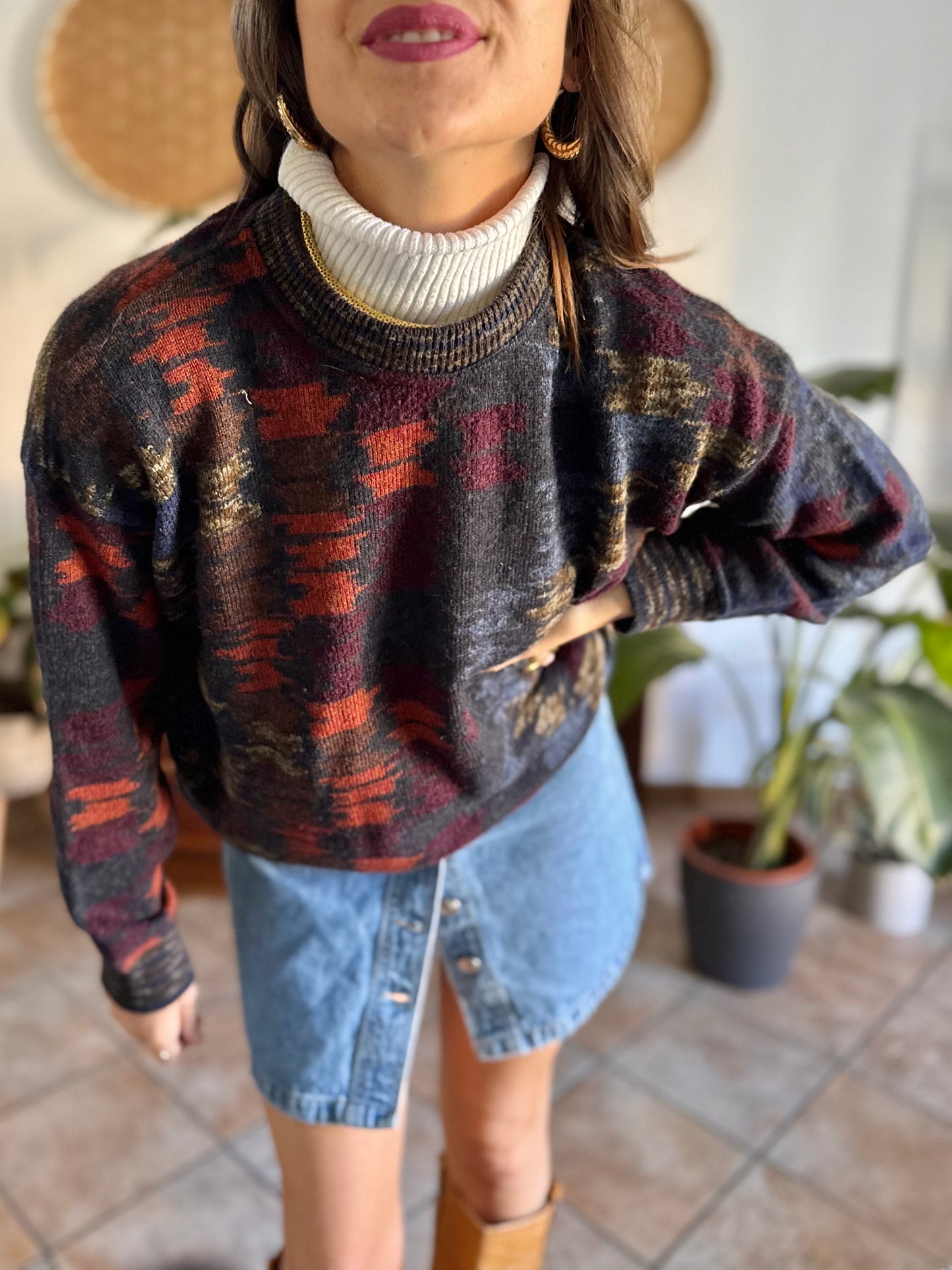1990's vintage charcoal grey and multicolor houndstooth knit wool pullover