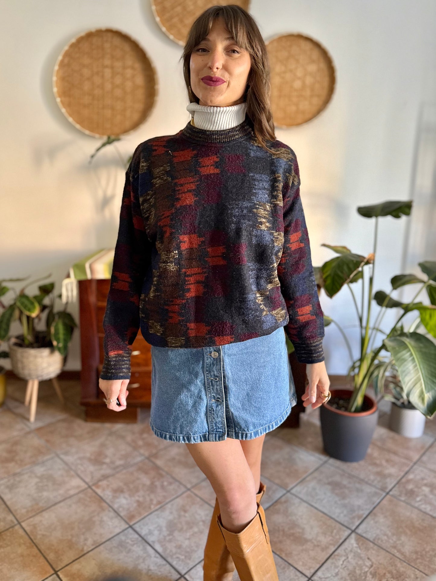 1990's vintage charcoal grey and multicolor houndstooth knit wool pullover